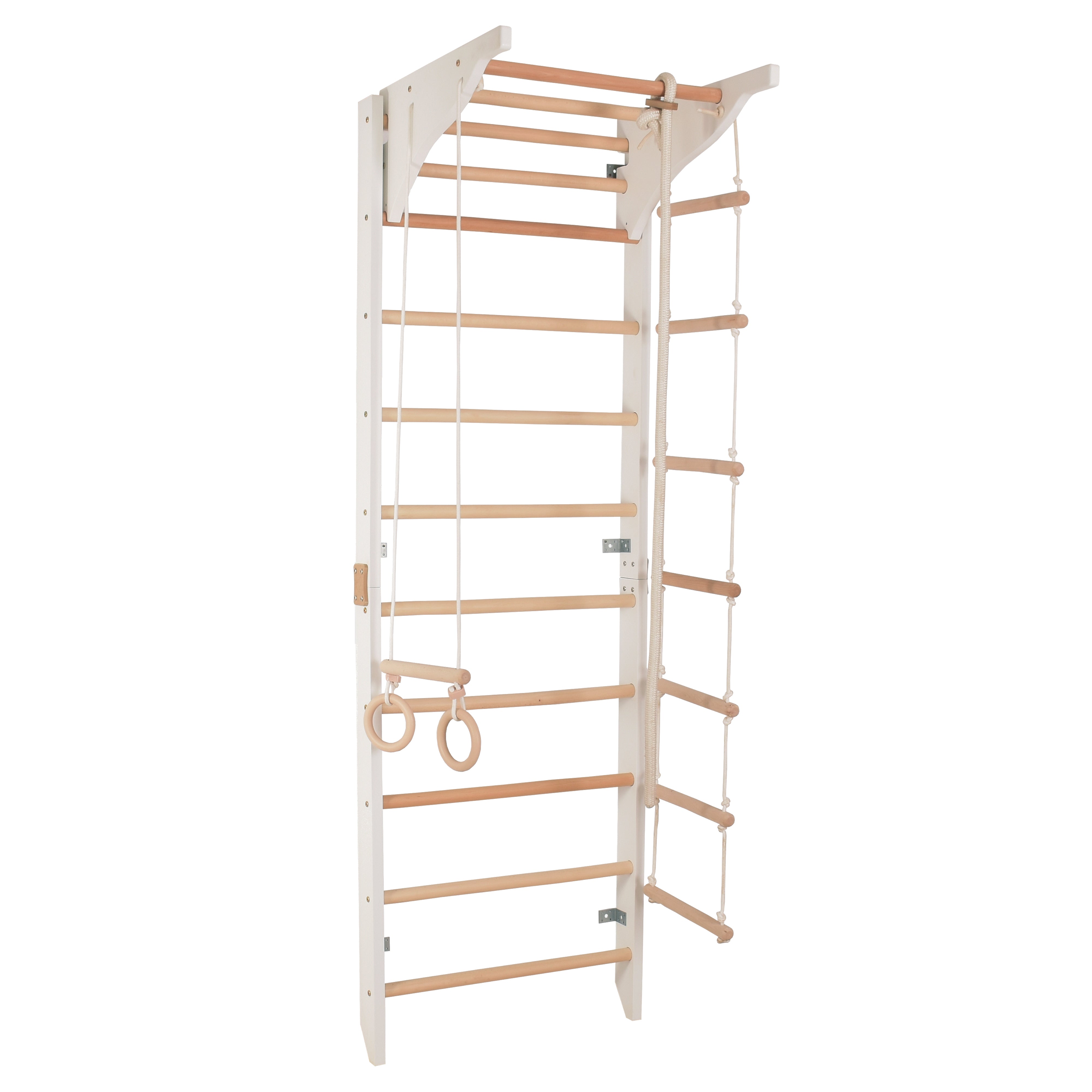 Sprossenwand mit Klimmzugstange, Dip-Barren & Ringen – PRO 2 weiß | RINAGYM