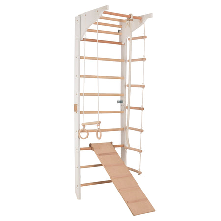 Sprossenwand mit Klimmzugstange, Dip-Barren, Ringen & Kletterrampe – PRO 3 weiß | RINAGYM