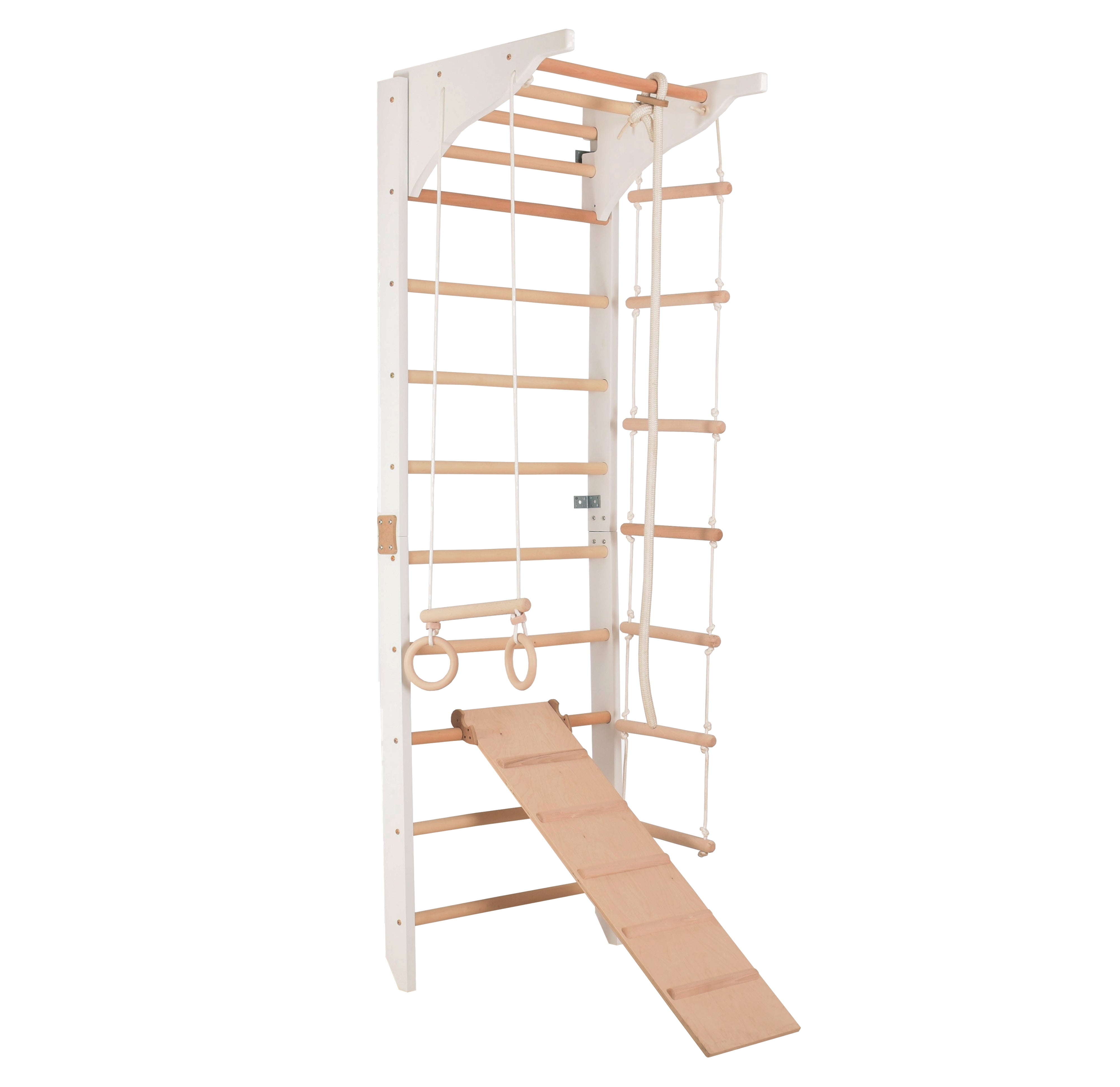 Sprossenwand mit Klimmzugstange, Dip-Barren, Ringen & Kletterrampe – PRO 3 weiß | RINAGYM