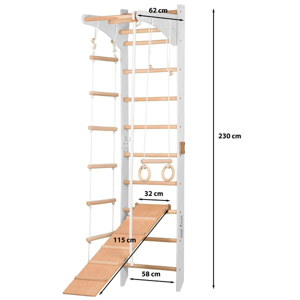 Échelle d'escalade RINAGYM blanche avec barre réglable, rampe double face, corde & anneaux – Station de fitness compacte pour enfants & adultes – SPR C+slide – jusqu'à 100 kg