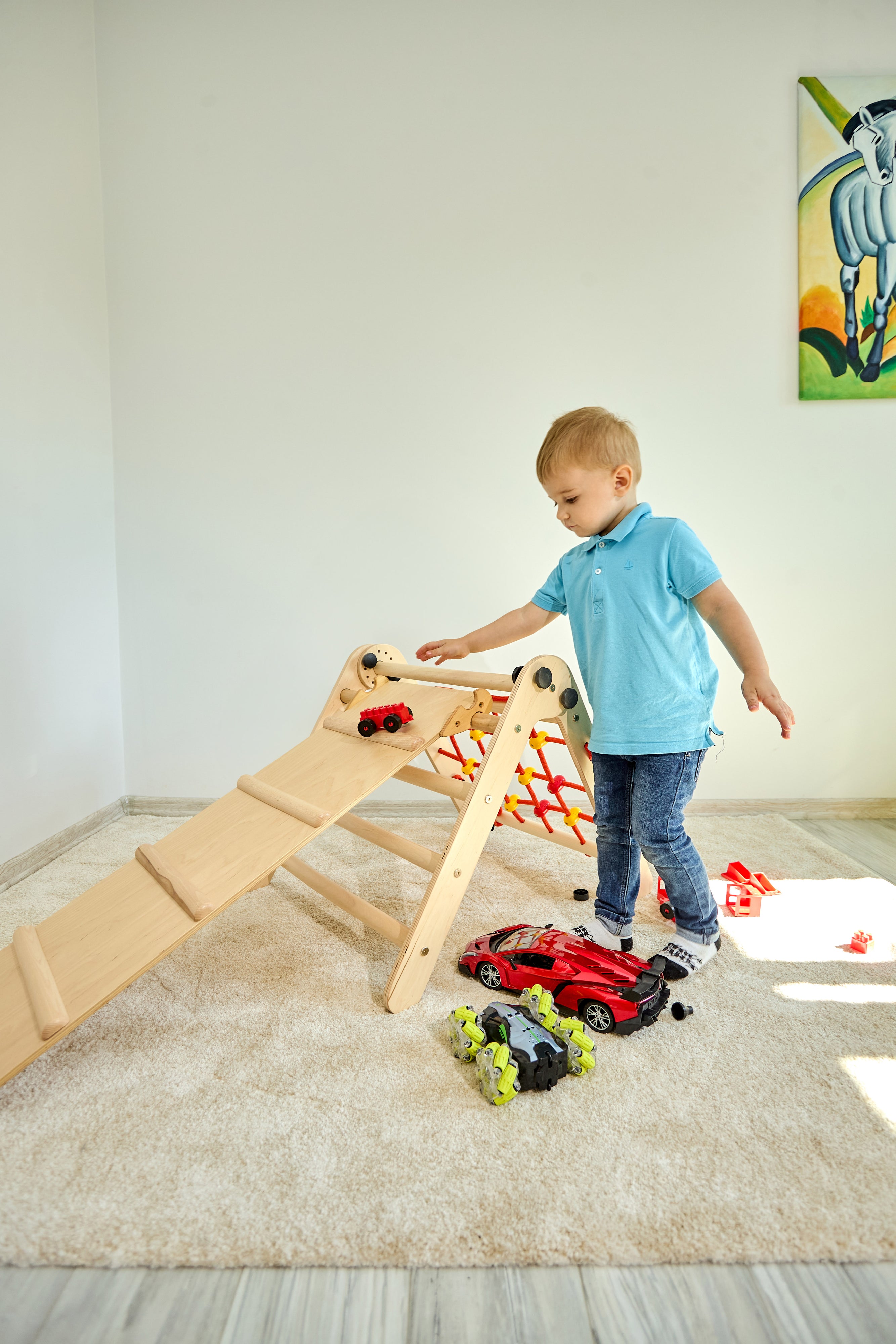 Kletterdreieck -Indoor-Leiter mit Kletternetz und Rutche-Holzrahmen, fördert das Gleichgewicht - 50 kg Tragkraft, 20kg für Rutsche (Anet+slide)