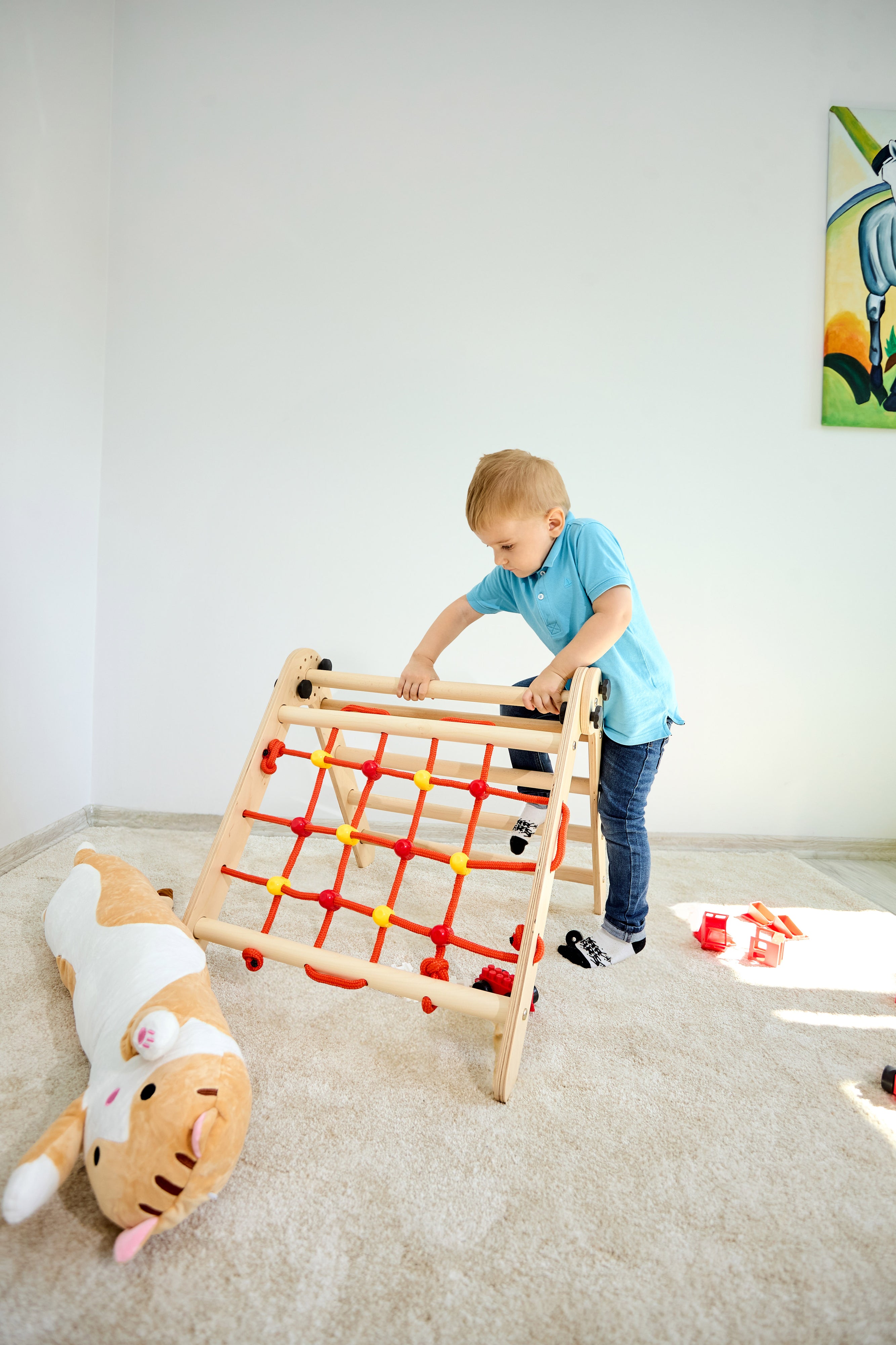 Kletterdreieck - Indoor-Leiter mit Kletternetz - Holzrahmen für Kinder, Lack auf Wasserbasis - 50 kg Tragkraft (Anet)