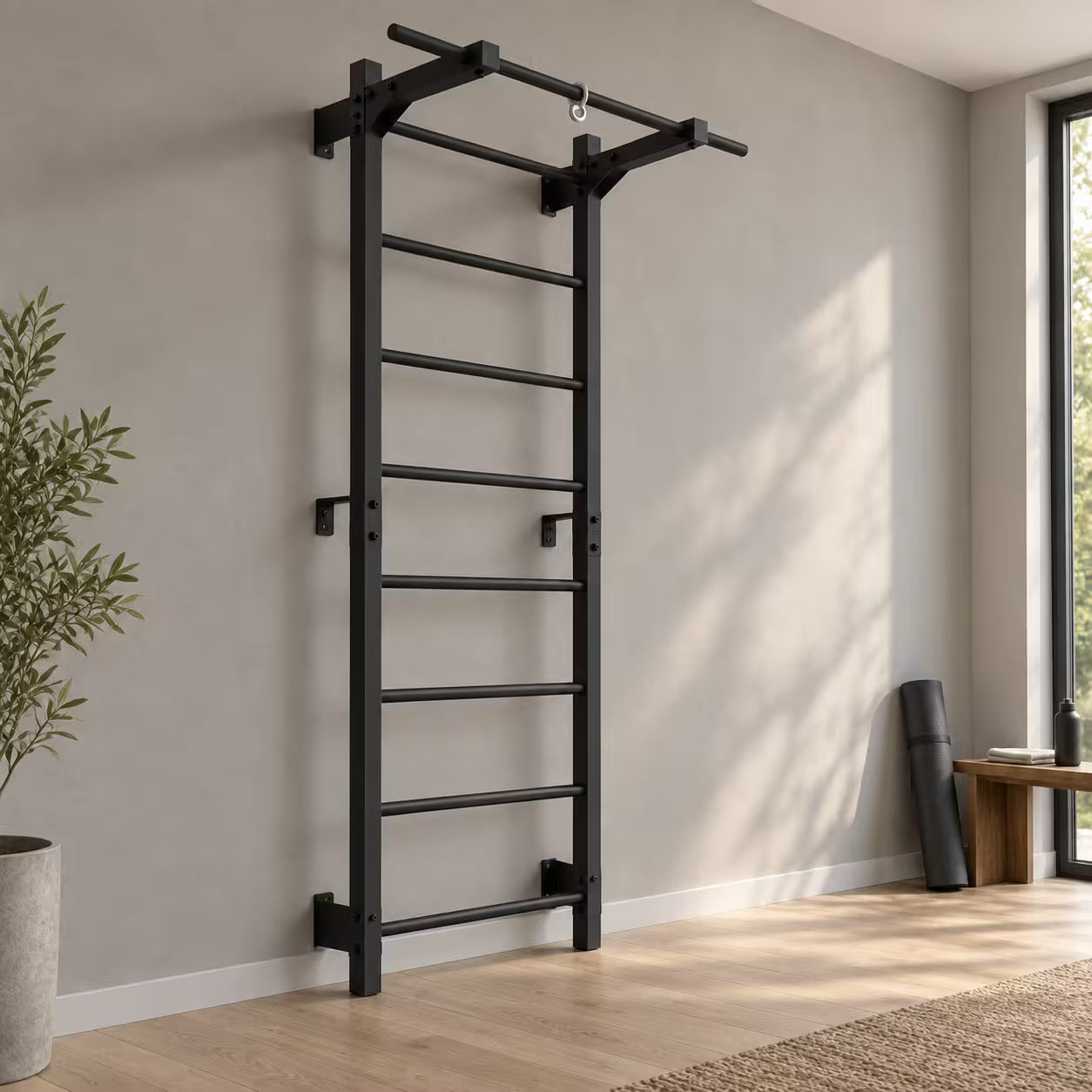 Metall-Sprossenwand RINAGYM Steel M 213 cm mit Klimmzugstange, Schwarz