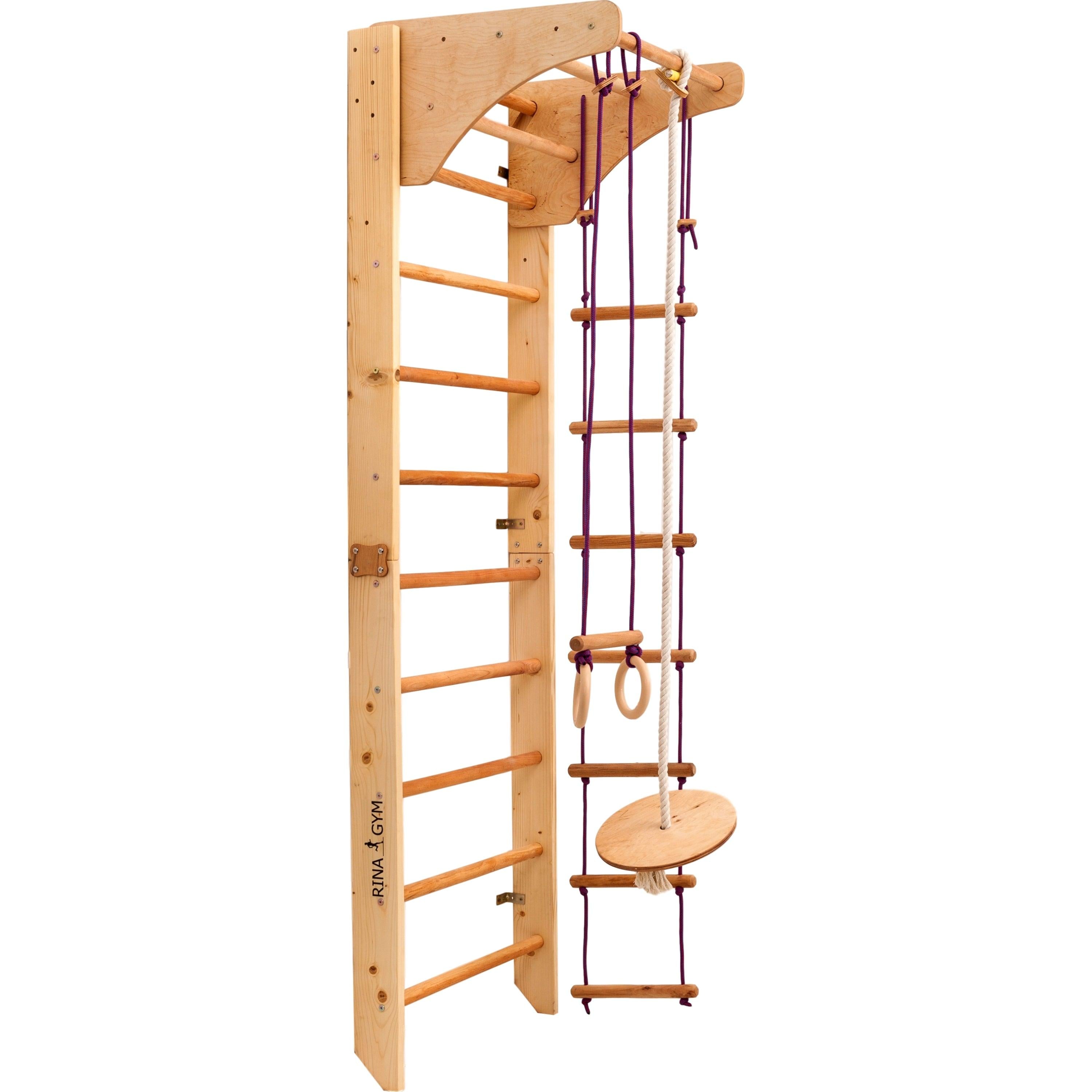 Kletterwand für Kinder mit höhenverstellbarer Stange-Indoor Klettergerüst aus Holz-Wand-Reck, Stange, Gymnastik-Ringe, Kletterseil, schwedische Leiter - RINAGYM GmbH