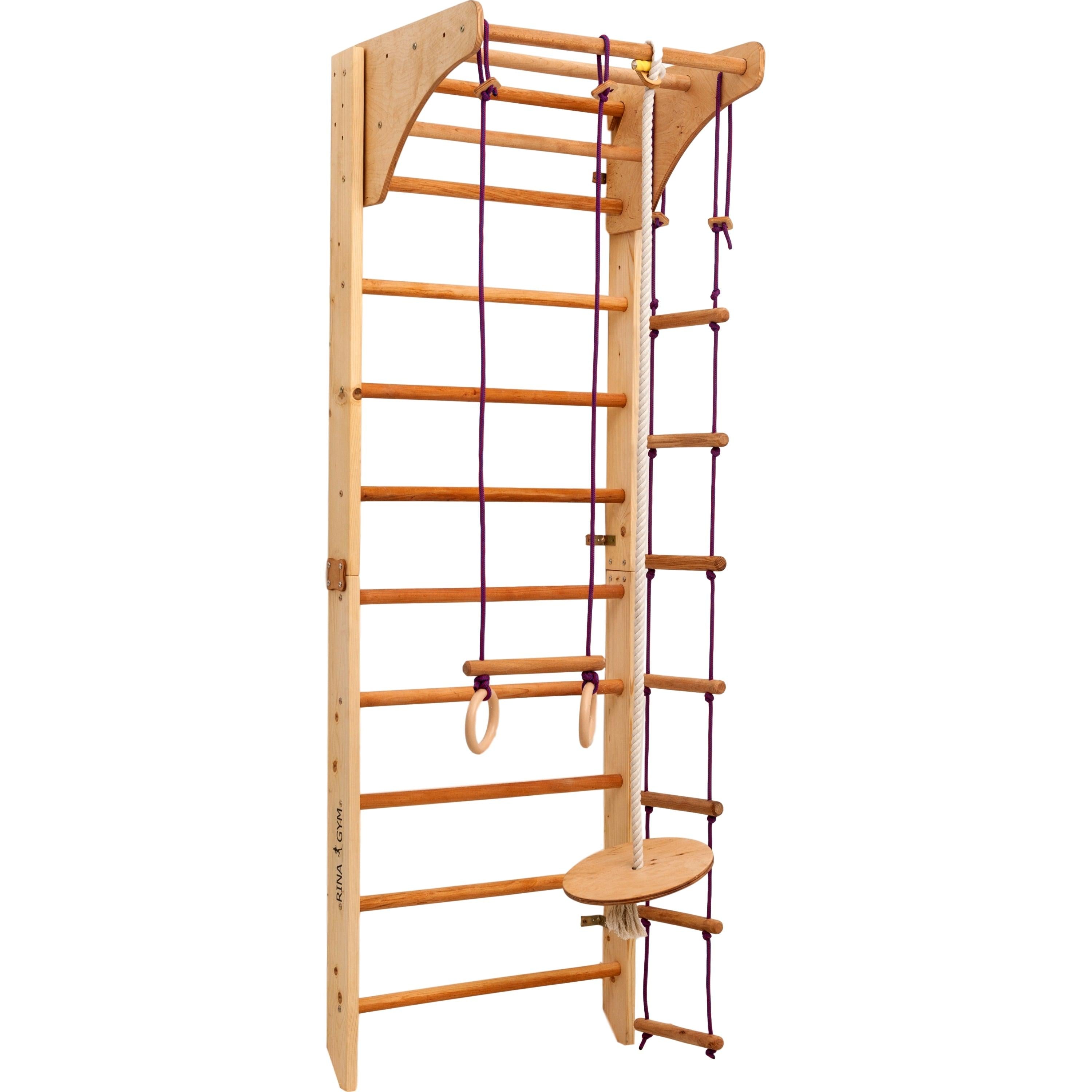 Kletterwand für Kinder mit höhenverstellbarer Stange-Indoor Klettergerüst aus Holz-Wand-Reck, Stange, Gymnastik-Ringe, Kletterseil, schwedische Leiter - RINAGYM GmbH