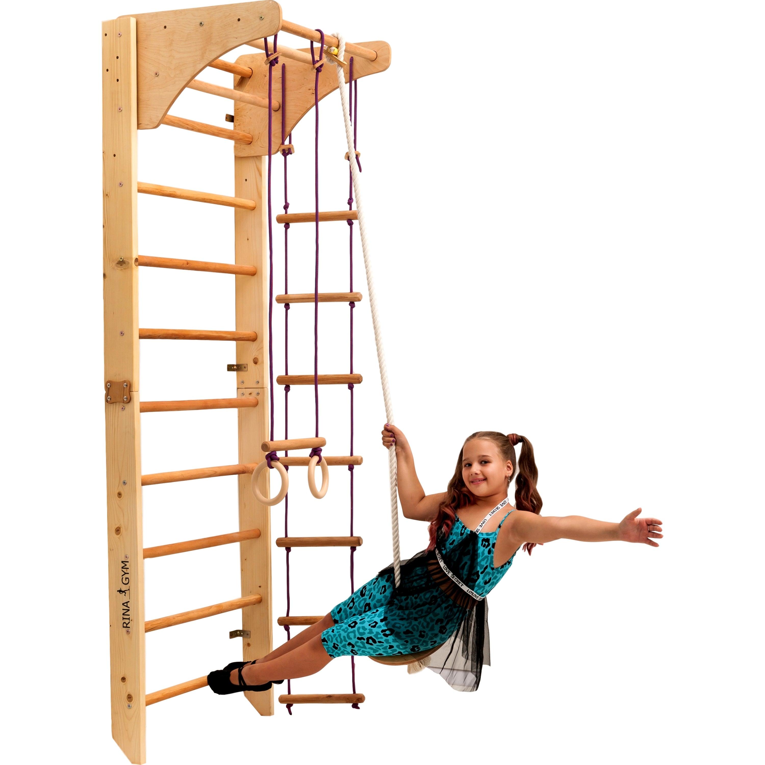 Kletterwand für Kinder mit höhenverstellbarer Stange-Indoor Klettergerüst aus Holz-Wand-Reck, Stange, Gymnastik-Ringe, Kletterseil, schwedische Leiter - RINAGYM GmbH