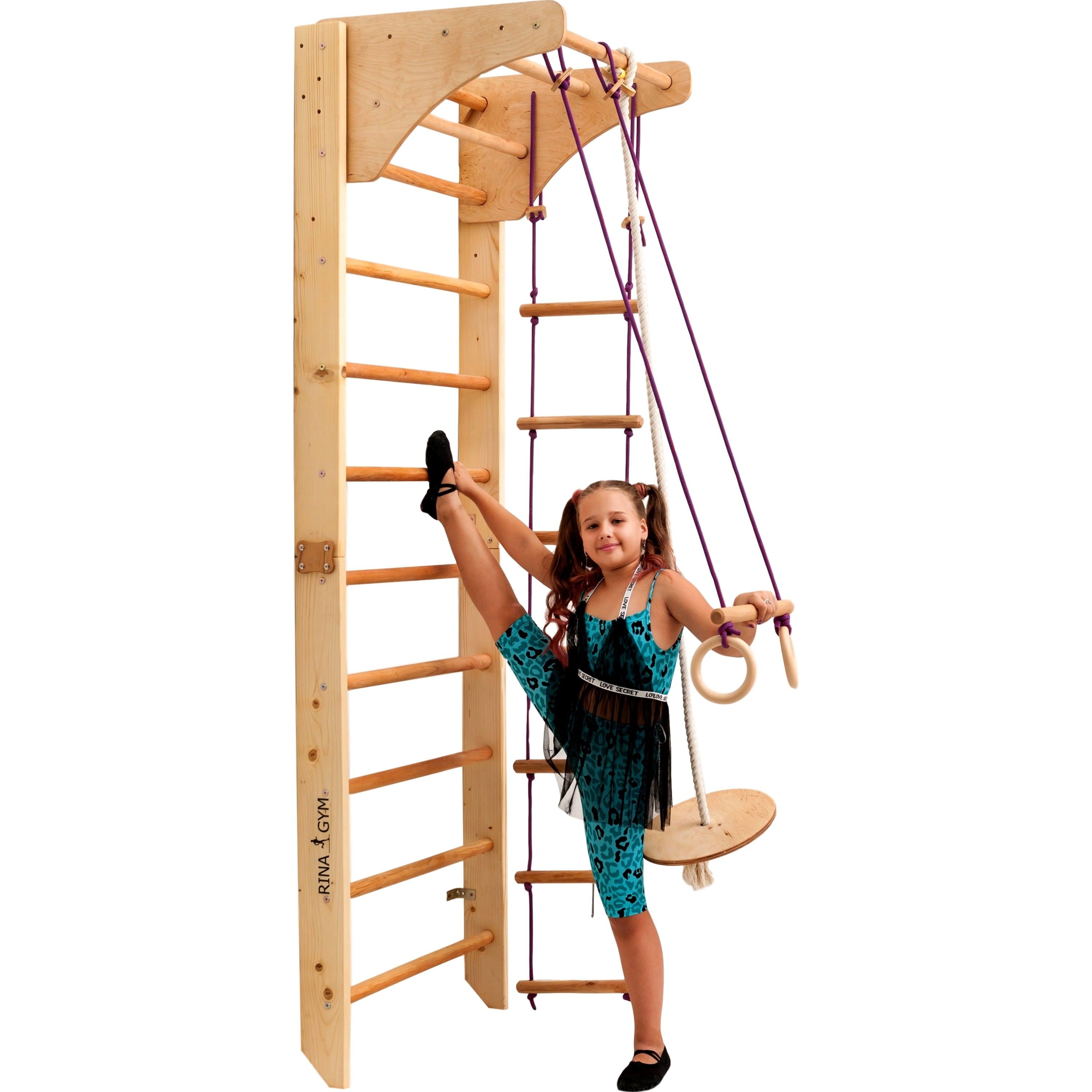 Kletterwand für Kinder mit höhenverstellbarer Stange-Indoor Klettergerüst aus Holz-Wand-Reck, Stange, Gymnastik-Ringe, Kletterseil, schwedische Leiter - RINAGYM GmbH