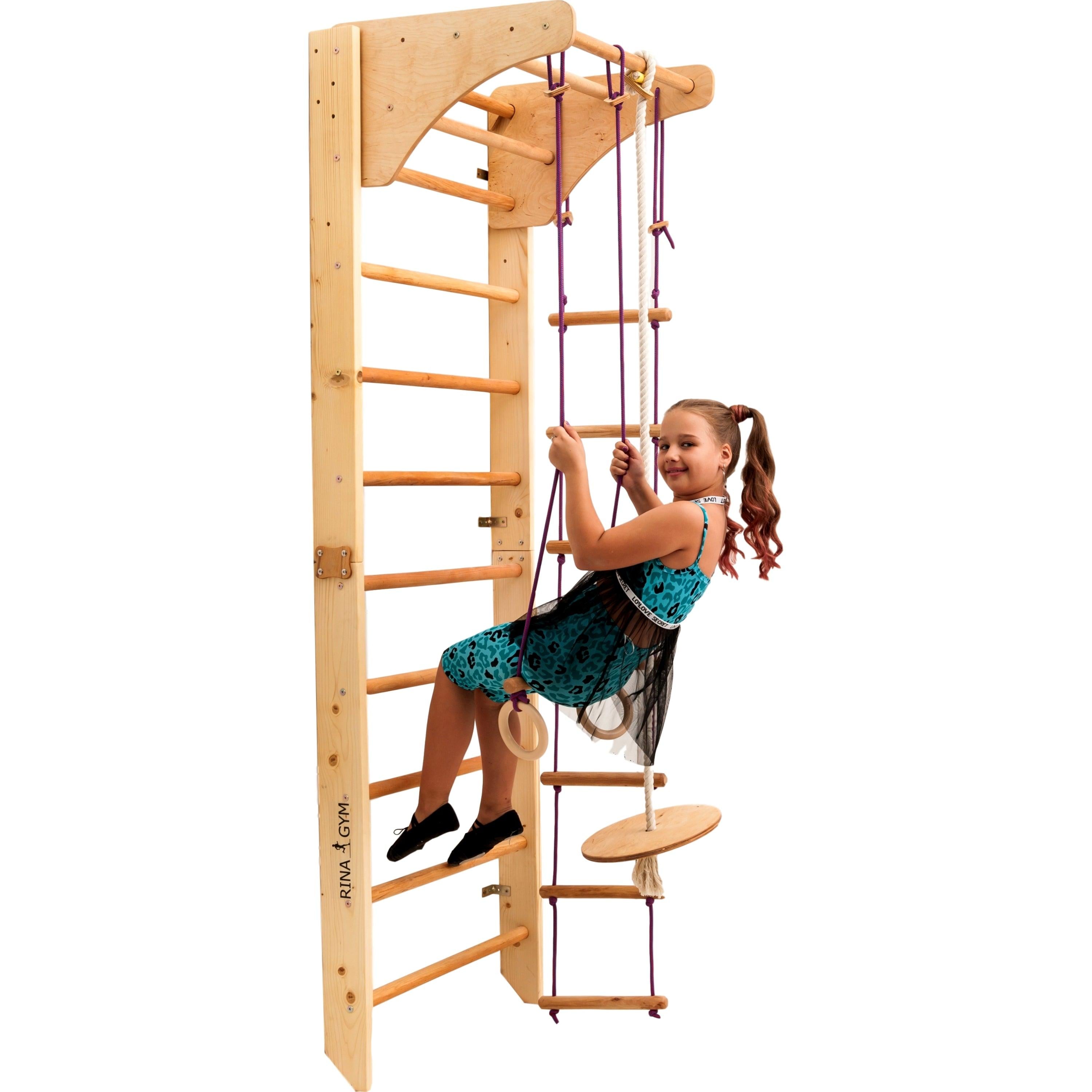 Kletterwand für Kinder mit höhenverstellbarer Stange-Indoor Klettergerüst aus Holz-Wand-Reck, Stange, Gymnastik-Ringe, Kletterseil, schwedische Leiter - RINAGYM GmbH
