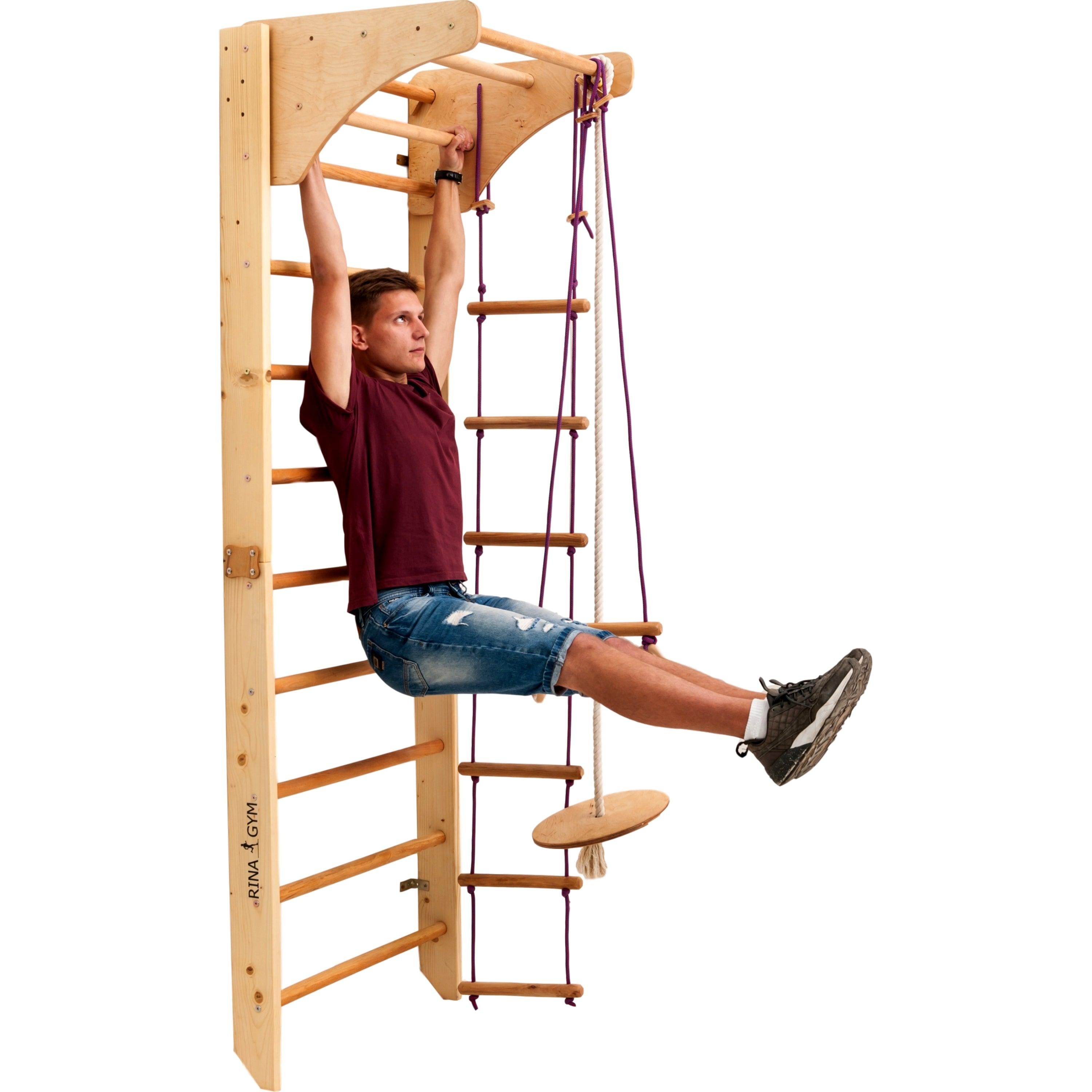 Kletterwand für Kinder mit höhenverstellbarer Stange-Indoor Klettergerüst aus Holz-Wand-Reck, Stange, Gymnastik-Ringe, Kletterseil, schwedische Leiter - RINAGYM GmbH