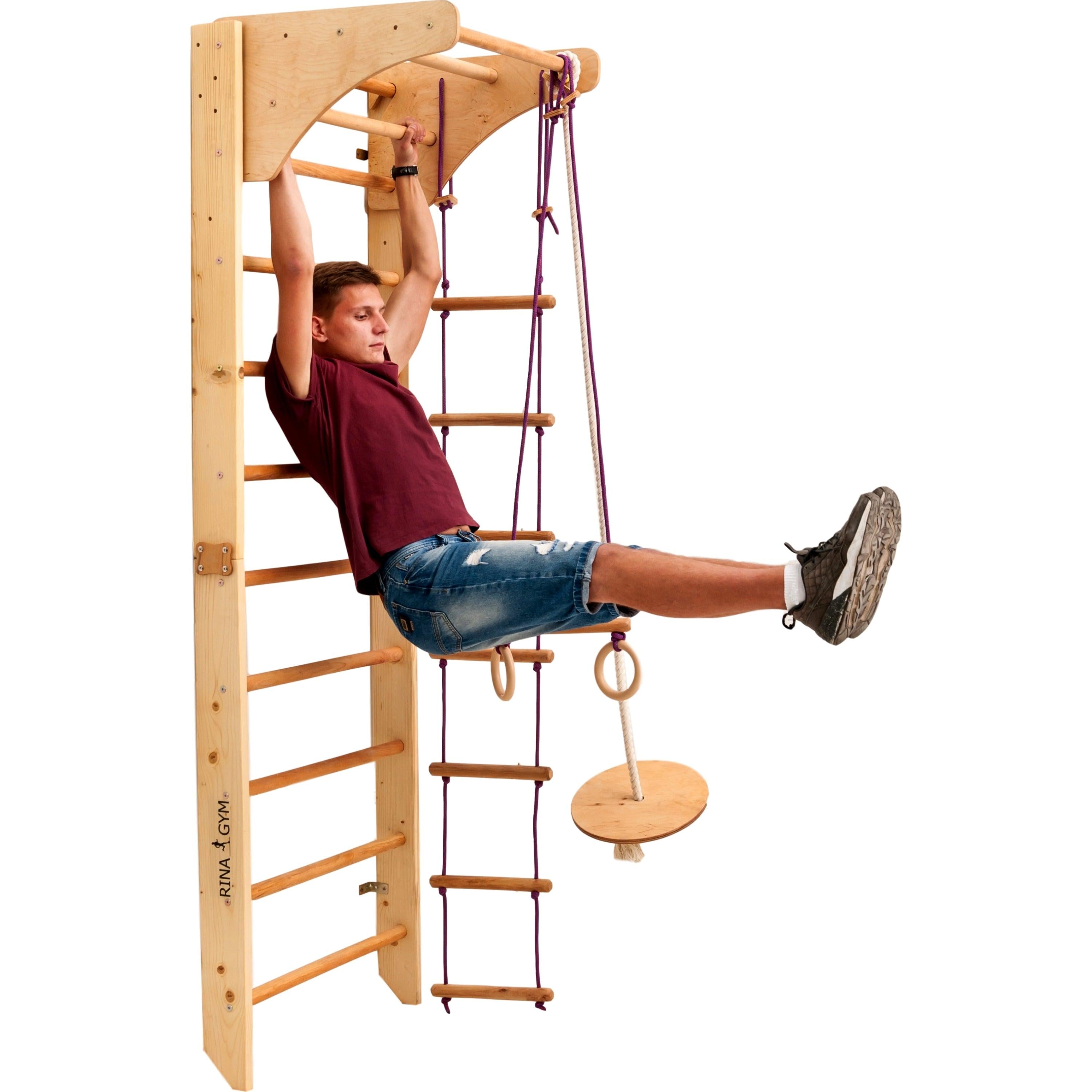 Kletterwand für Kinder mit höhenverstellbarer Stange-Indoor Klettergerüst aus Holz-Wand-Reck, Stange, Gymnastik-Ringe, Kletterseil, schwedische Leiter - RINAGYM GmbH