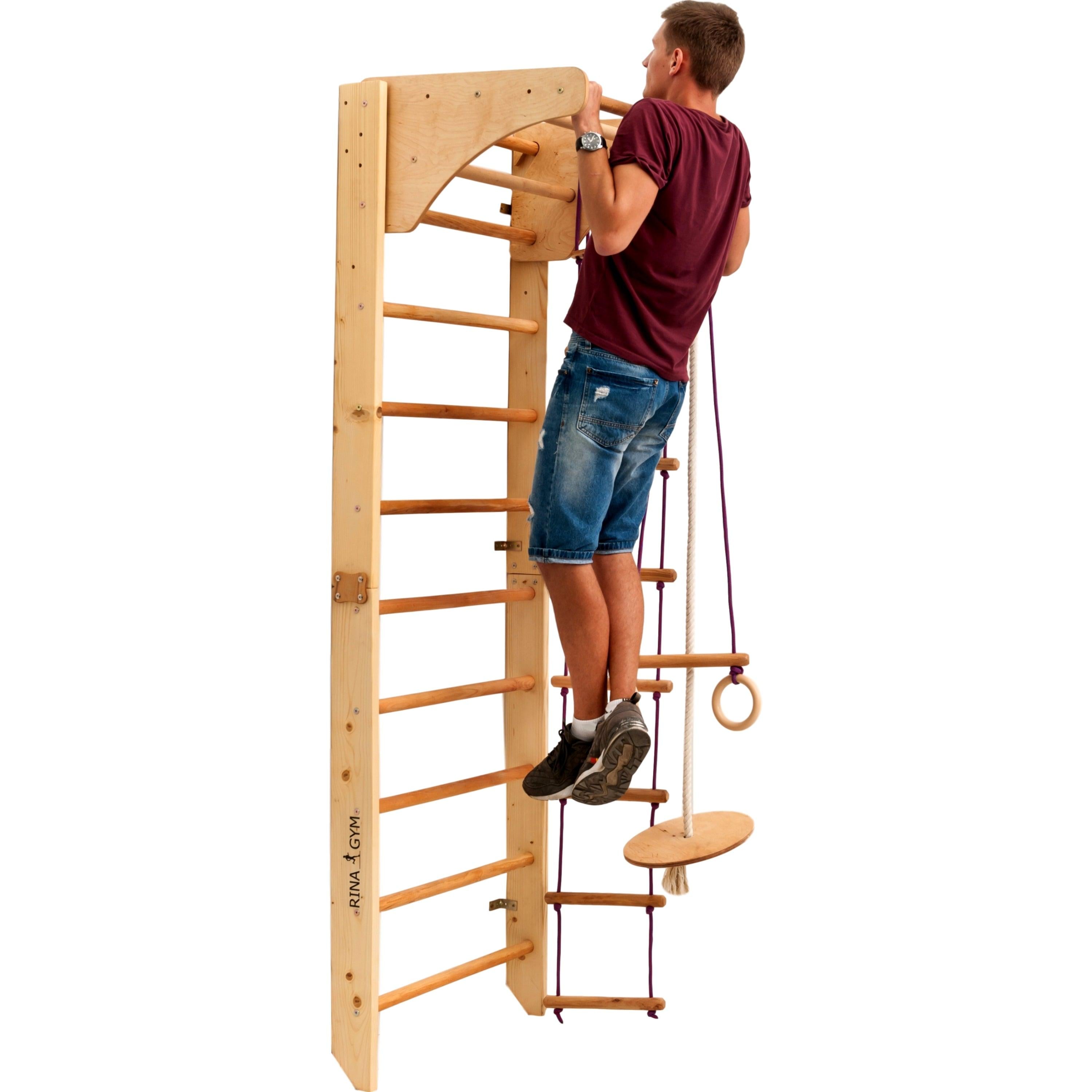 Kletterwand für Kinder mit höhenverstellbarer Stange-Indoor Klettergerüst aus Holz-Wand-Reck, Stange, Gymnastik-Ringe, Kletterseil, schwedische Leiter - RINAGYM GmbH