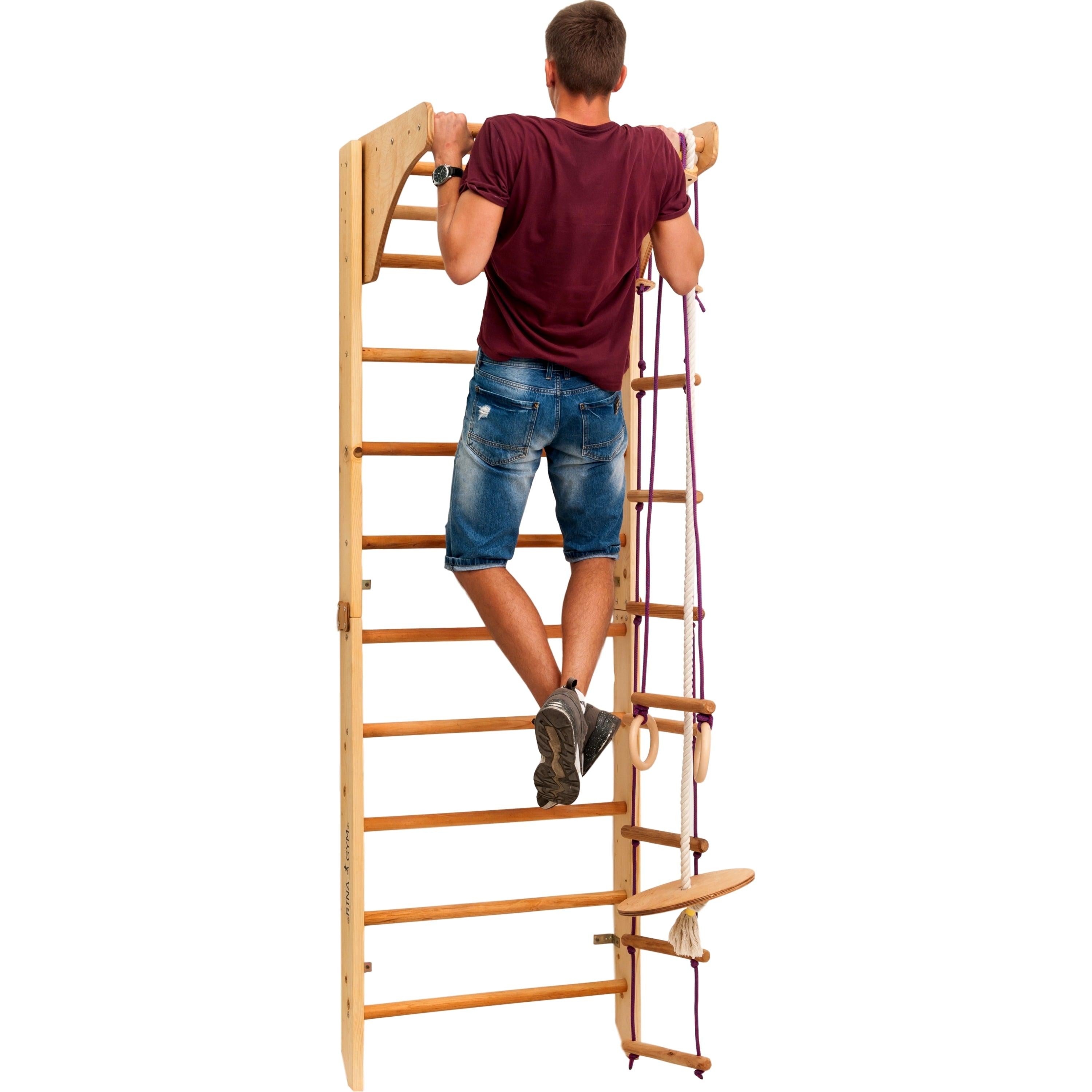Kletterwand für Kinder mit höhenverstellbarer Stange-Indoor Klettergerüst aus Holz-Wand-Reck, Stange, Gymnastik-Ringe, Kletterseil, schwedische Leiter - RINAGYM GmbH