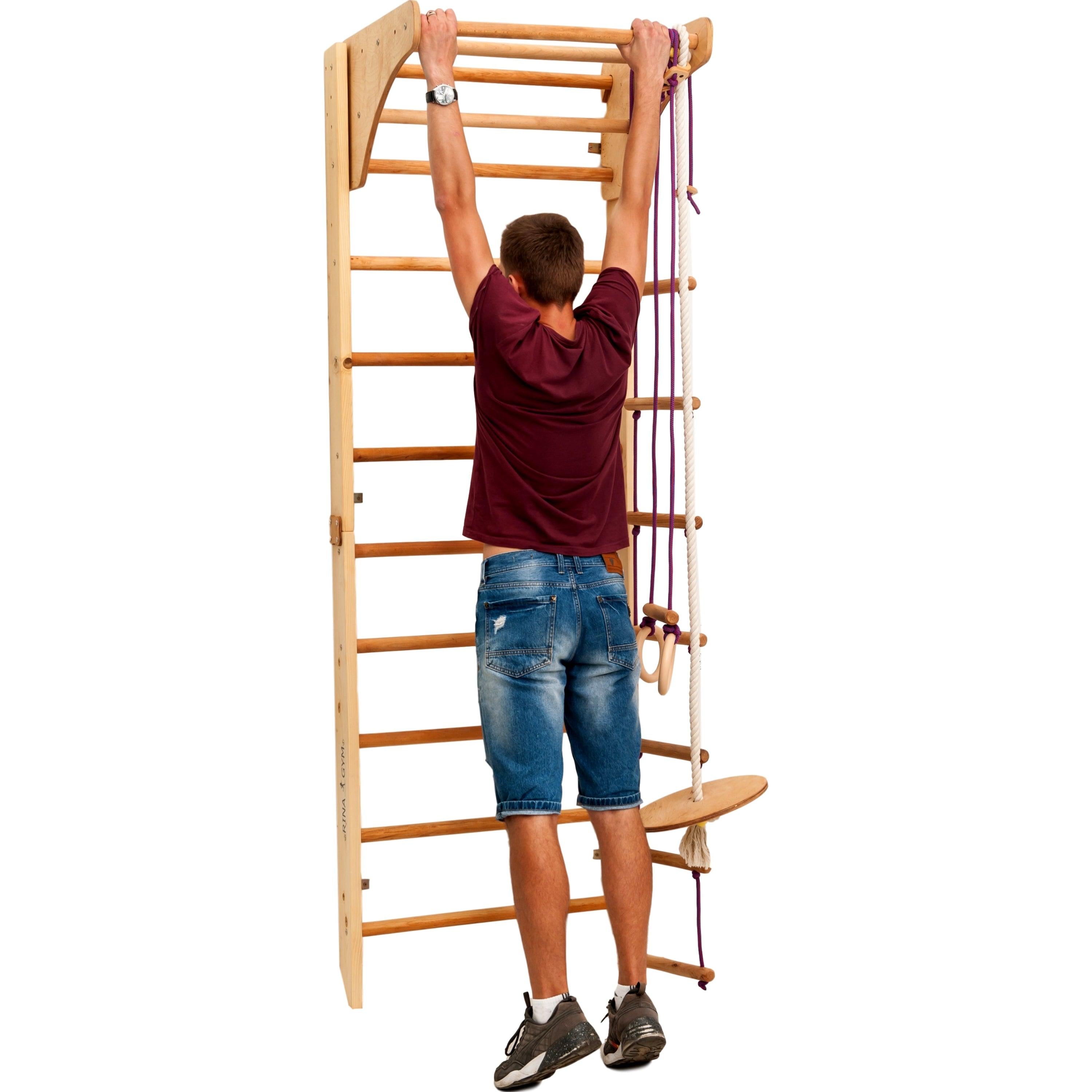 Kletterwand für Kinder mit höhenverstellbarer Stange-Indoor Klettergerüst aus Holz-Wand-Reck, Stange, Gymnastik-Ringe, Kletterseil, schwedische Leiter - RINAGYM GmbH