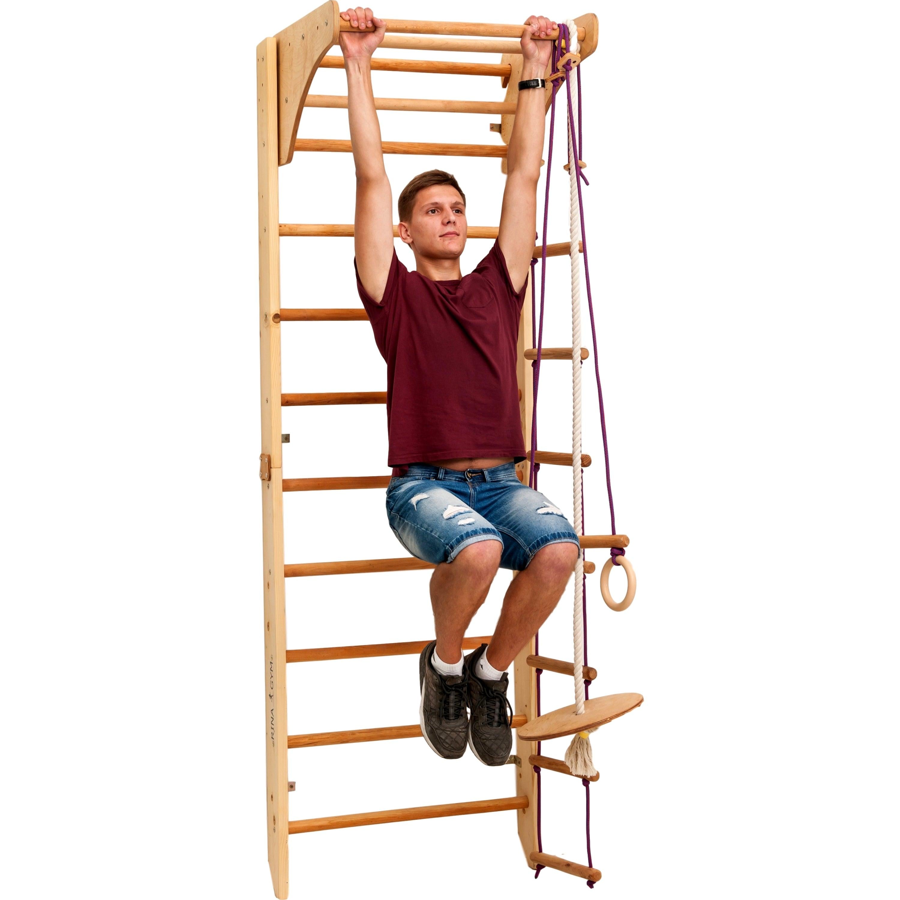 Kletterwand für Kinder mit höhenverstellbarer Stange-Indoor Klettergerüst aus Holz-Wand-Reck, Stange, Gymnastik-Ringe, Kletterseil, schwedische Leiter - RINAGYM GmbH