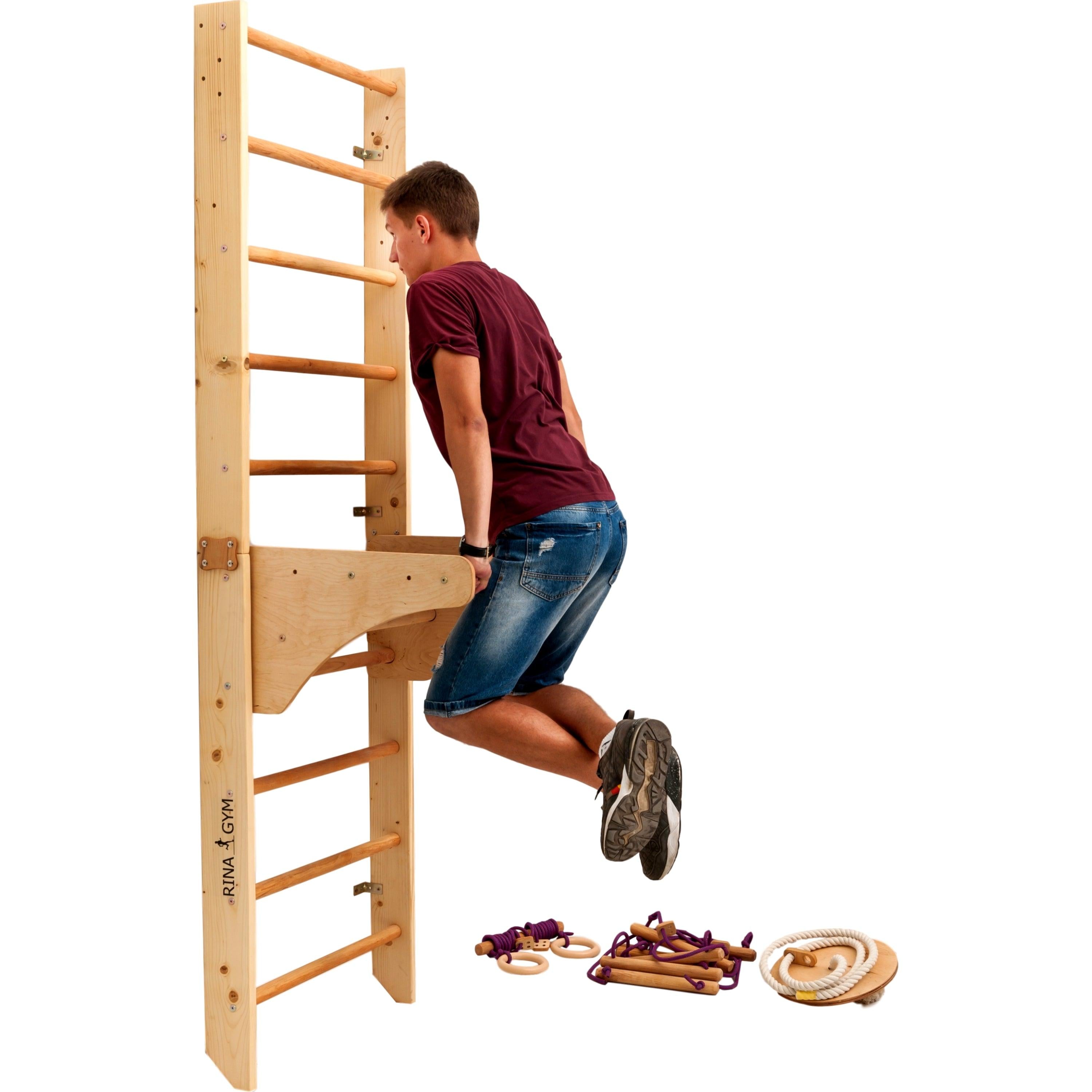 Kletterwand für Kinder mit höhenverstellbarer Stange-Indoor Klettergerüst aus Holz-Wand-Reck, Stange, Gymnastik-Ringe, Kletterseil, schwedische Leiter - RINAGYM GmbH