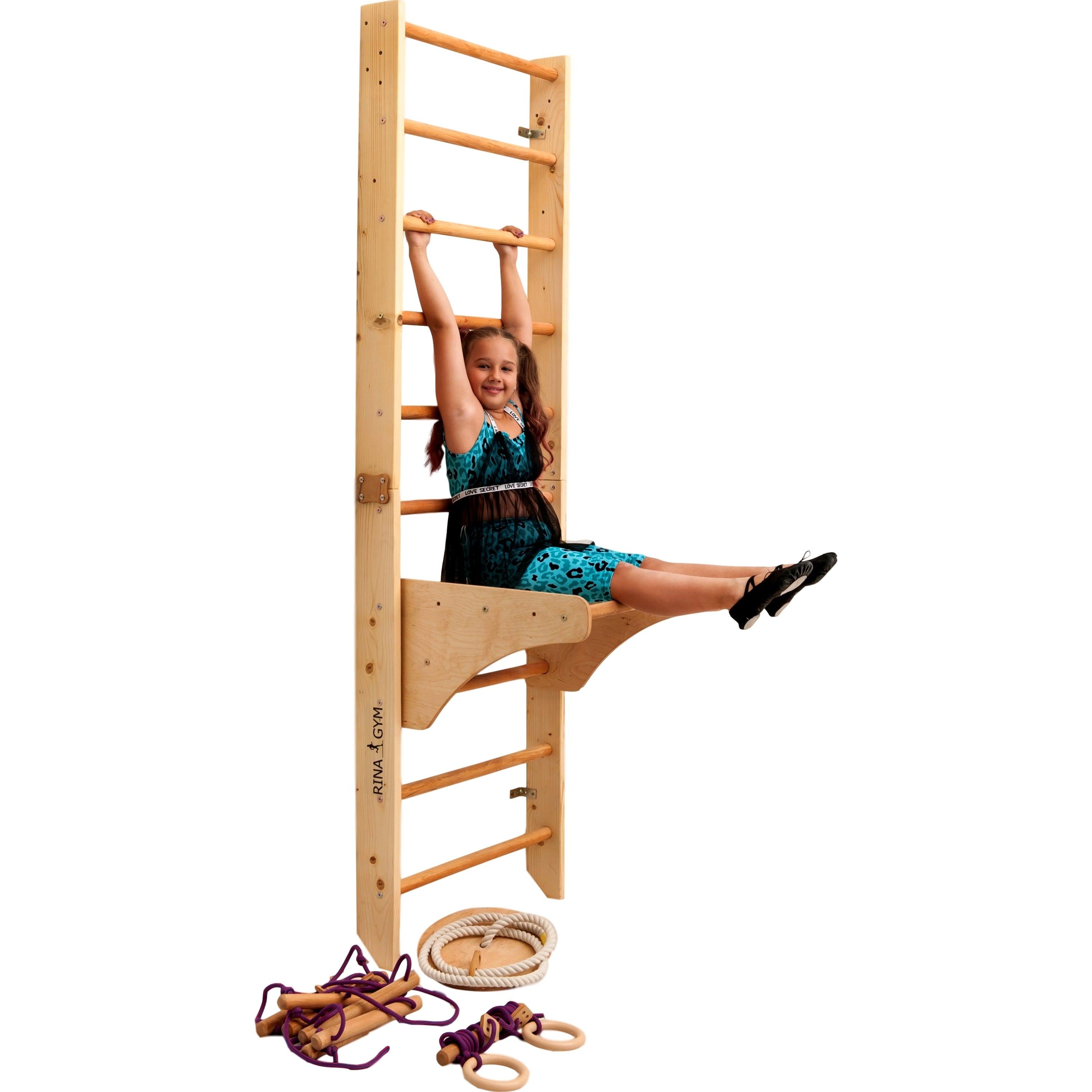 Kletterwand für Kinder mit höhenverstellbarer Stange-Indoor Klettergerüst aus Holz-Wand-Reck, Stange, Gymnastik-Ringe, Kletterseil, schwedische Leiter - RINAGYM GmbH
