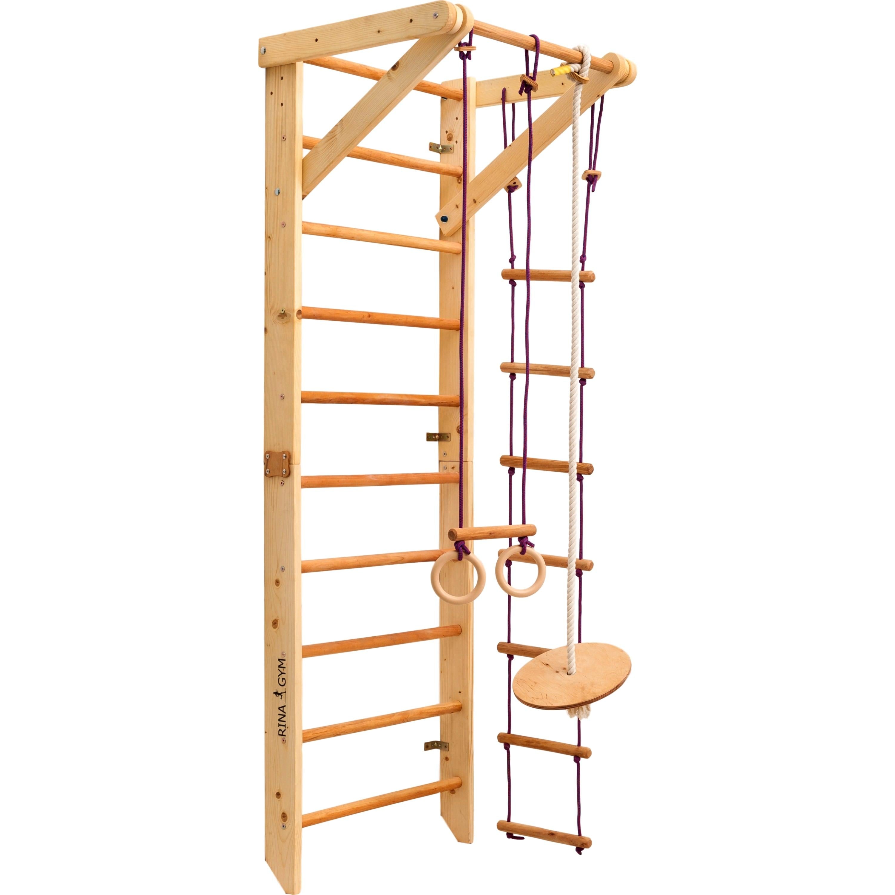 Kletterwand für Kinder - Indoor Klettergerüst aus Holz - Wand-Reck, Stange, Gymnastik-Ringe, Kletterseil, schwedische Leiter, Schaukel, Montagesatz. - RINAGYM GmbH