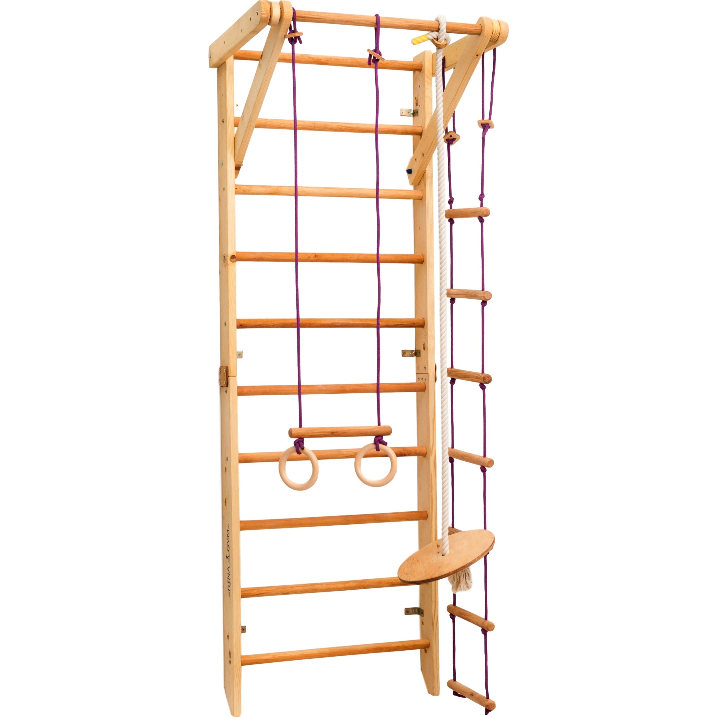 Kletterwand für Kinder-Indoor Klettergerüst aus Holz-Wand-Reck, Stange, Gymnastik-Ringe, Kletterseil, Abnehmbarer Balken, schwedische Leiter, Rutsche - RINAGYM GmbH