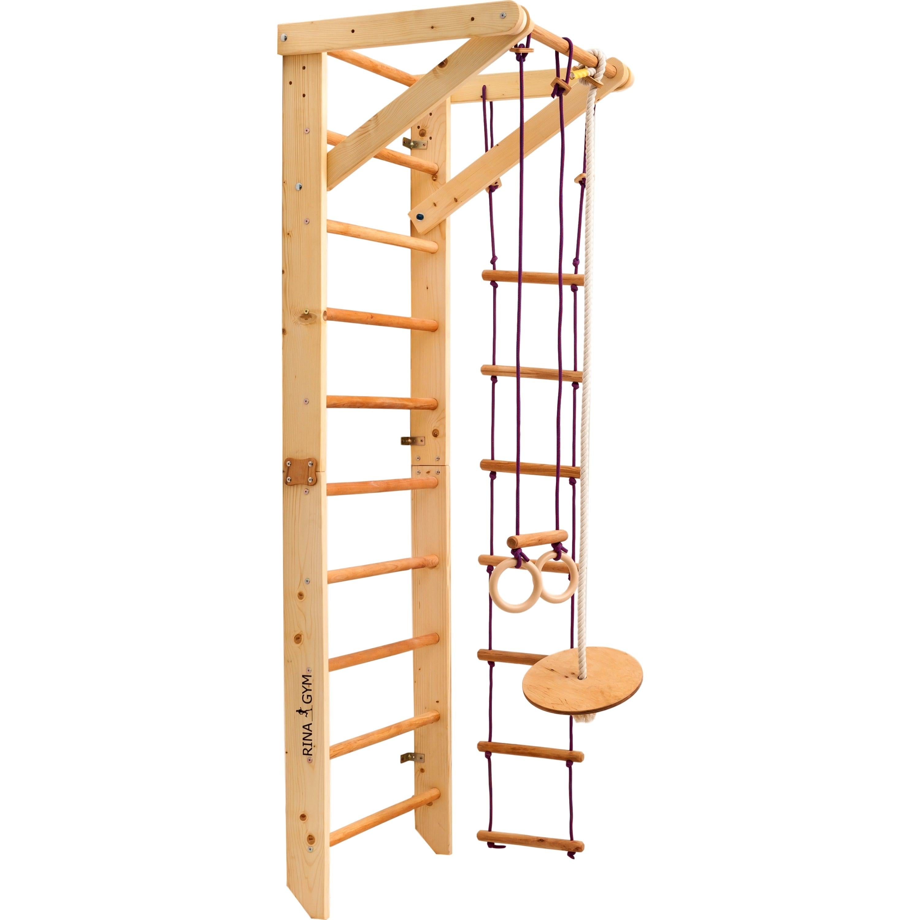 Kletterwand für Kinder - Indoor Klettergerüst aus Holz - Wand-Reck, Stange, Gymnastik-Ringe, Kletterseil, schwedische Leiter, Schaukel, Montagesatz. - RINAGYM GmbH