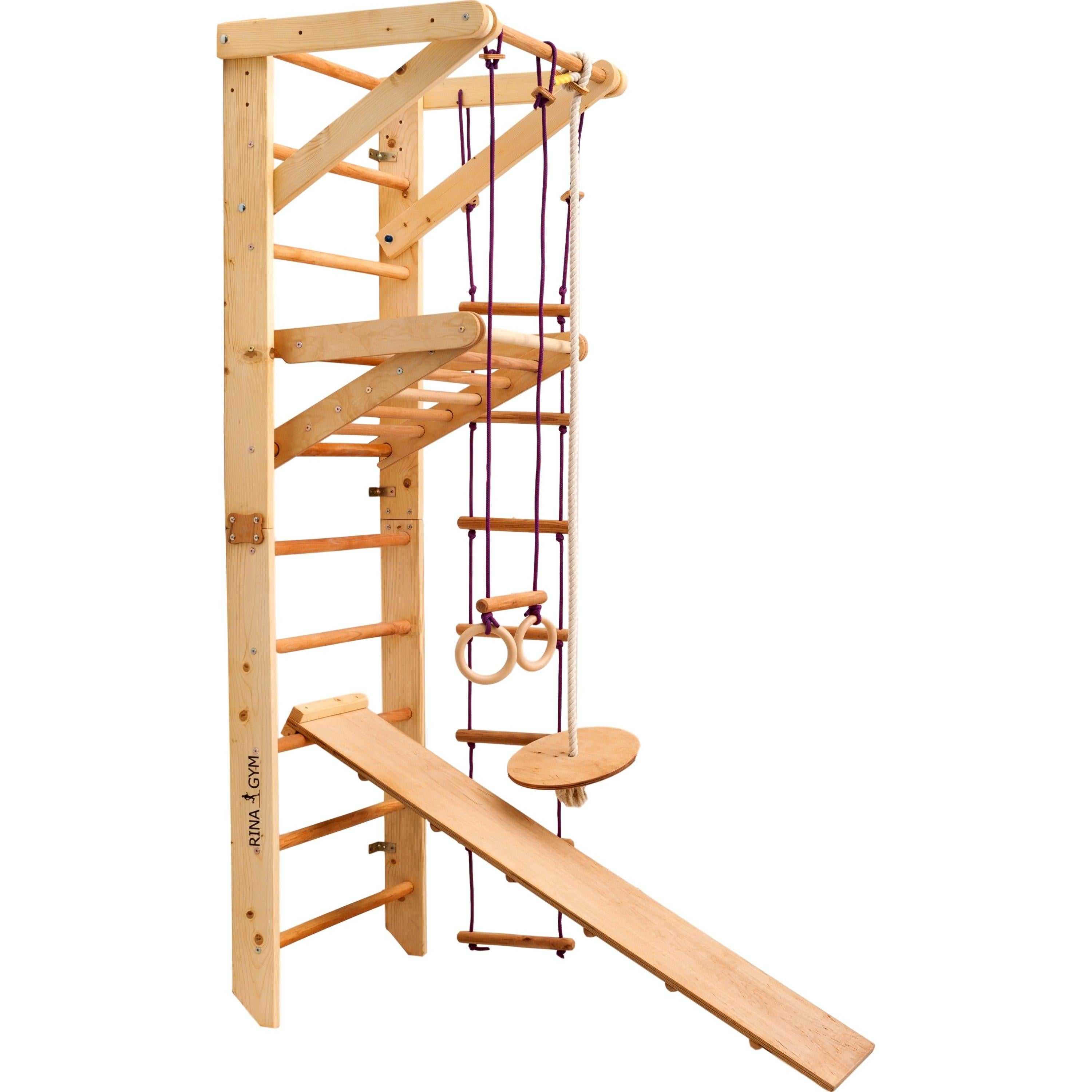 Kletterwand für Kinder-Indoor Klettergerüst aus Holz-Wand-Reck, Stange, Gymnastik-Ringe, Kletterseil, Abnehmbarer Balken, schwedische Leiter, Rutsche - RINAGYM GmbH