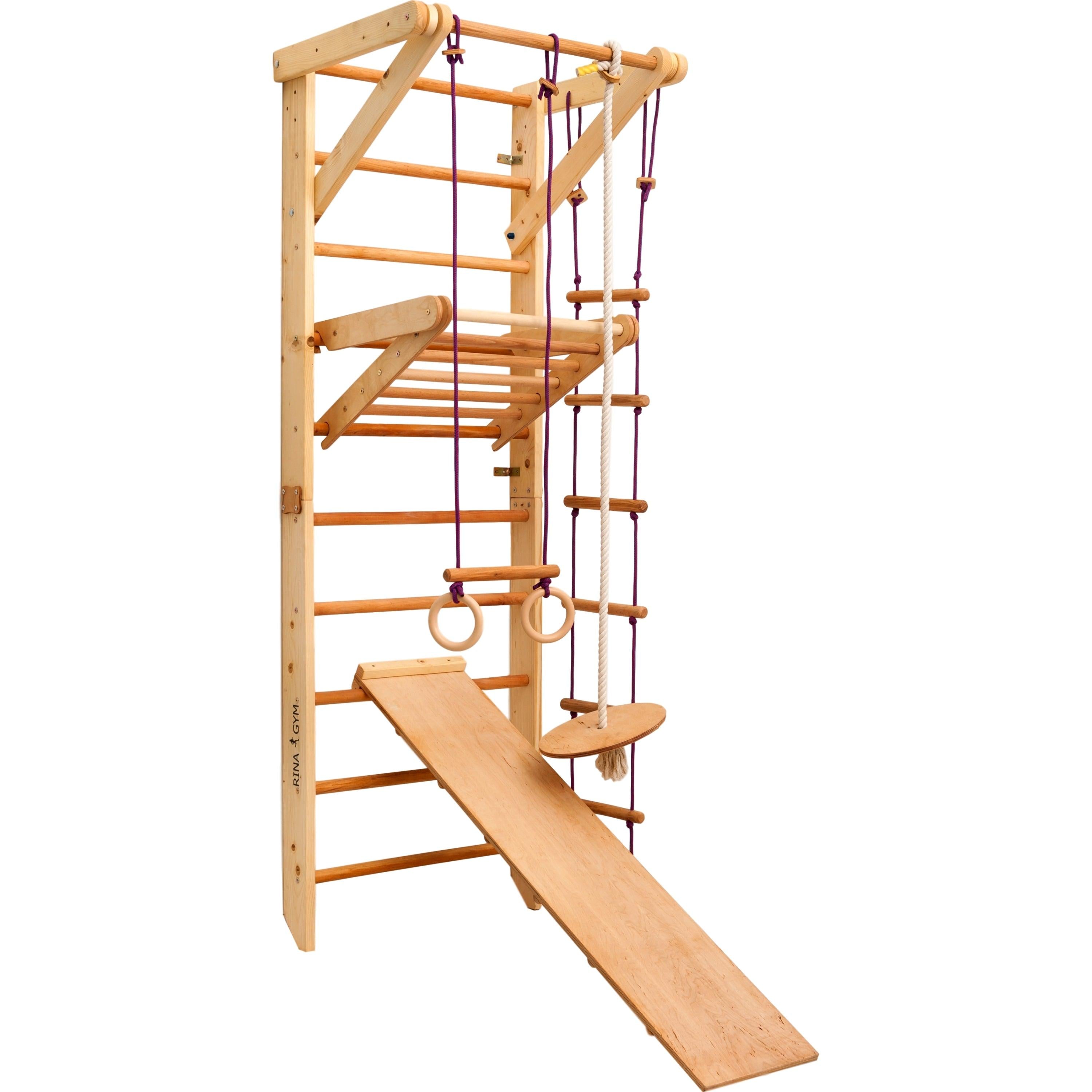 Kletterwand für Kinder-Indoor Klettergerüst aus Holz-Wand-Reck, Stange, Gymnastik-Ringe, Kletterseil, Abnehmbarer Balken, schwedische Leiter, Rutsche - RINAGYM GmbH