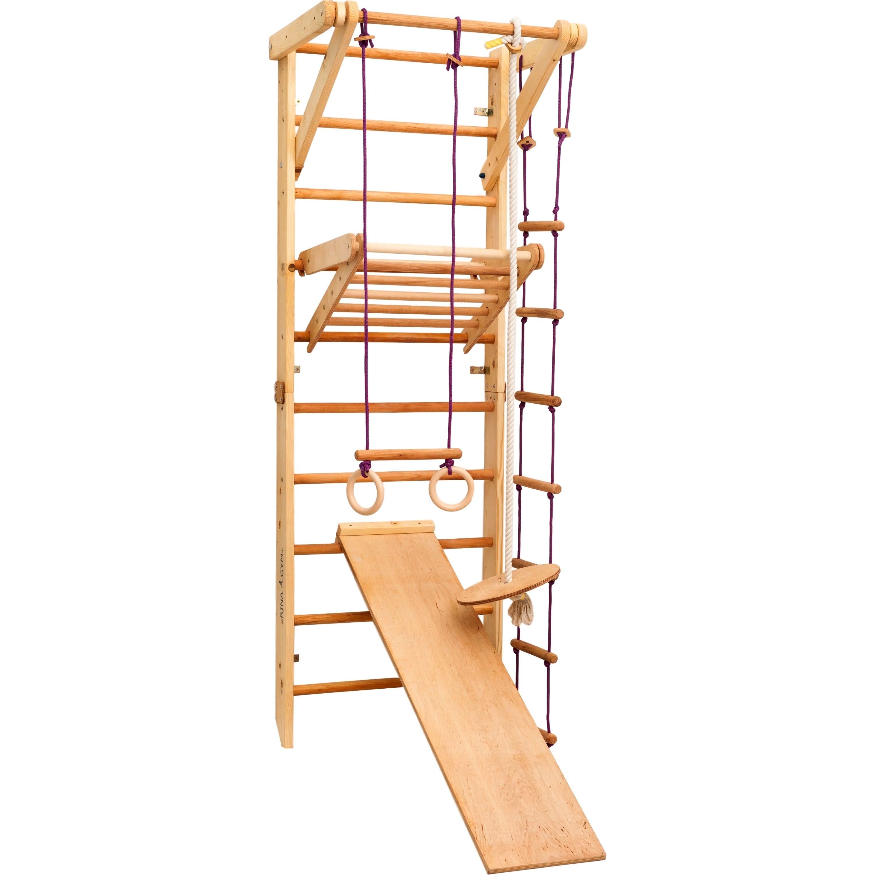 Kletterwand für Kinder-Indoor Klettergerüst aus Holz-Wand-Reck, Stange, Gymnastik-Ringe, Kletterseil, Abnehmbarer Balken, schwedische Leiter, Rutsche - RINAGYM GmbH