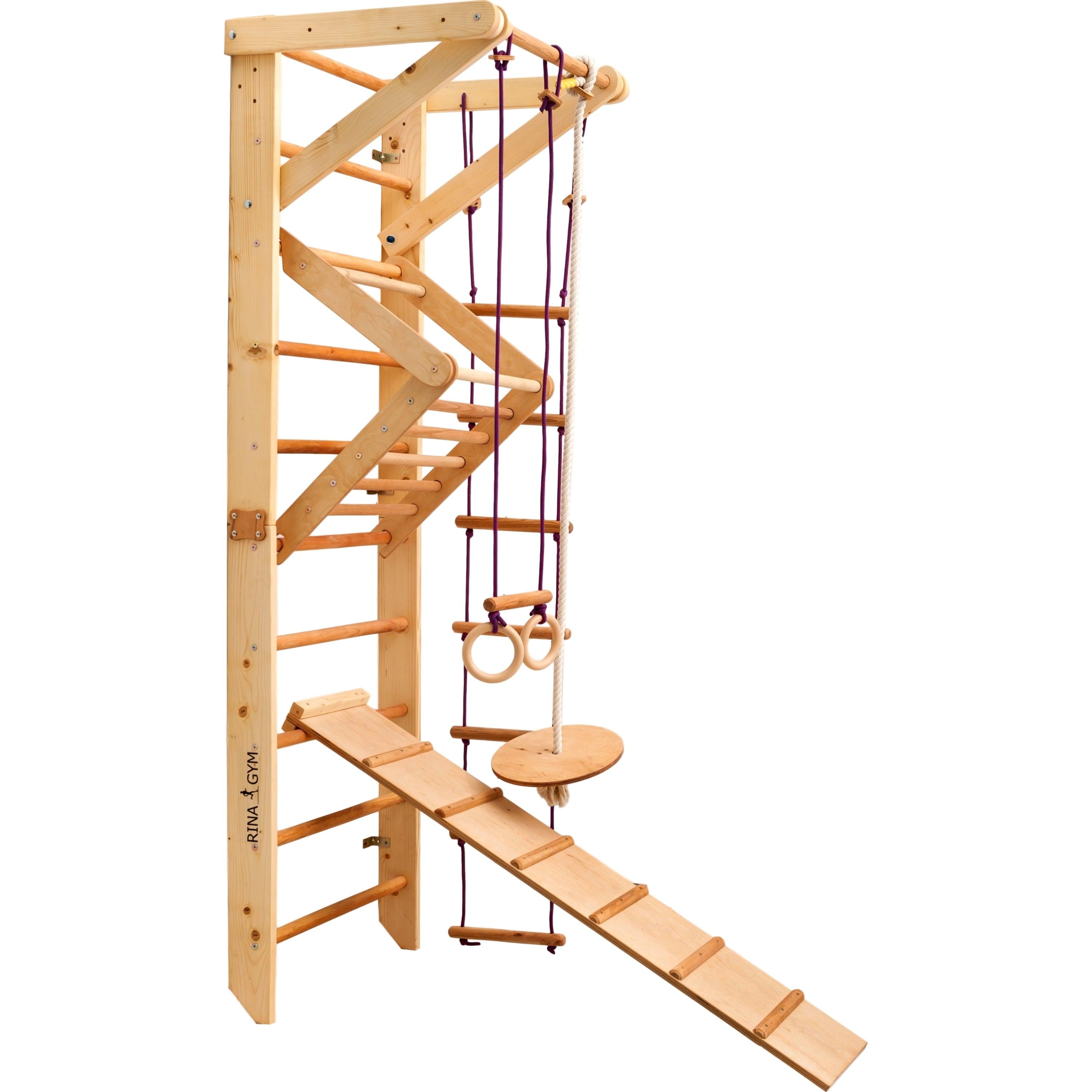 Kletterwand für Kinder-Indoor Klettergerüst aus Holz-Wand-Reck, Stange, Gymnastik-Ringe, Kletterseil, Abnehmbarer Balken, schwedische Leiter, Rutsche - RINAGYM GmbH