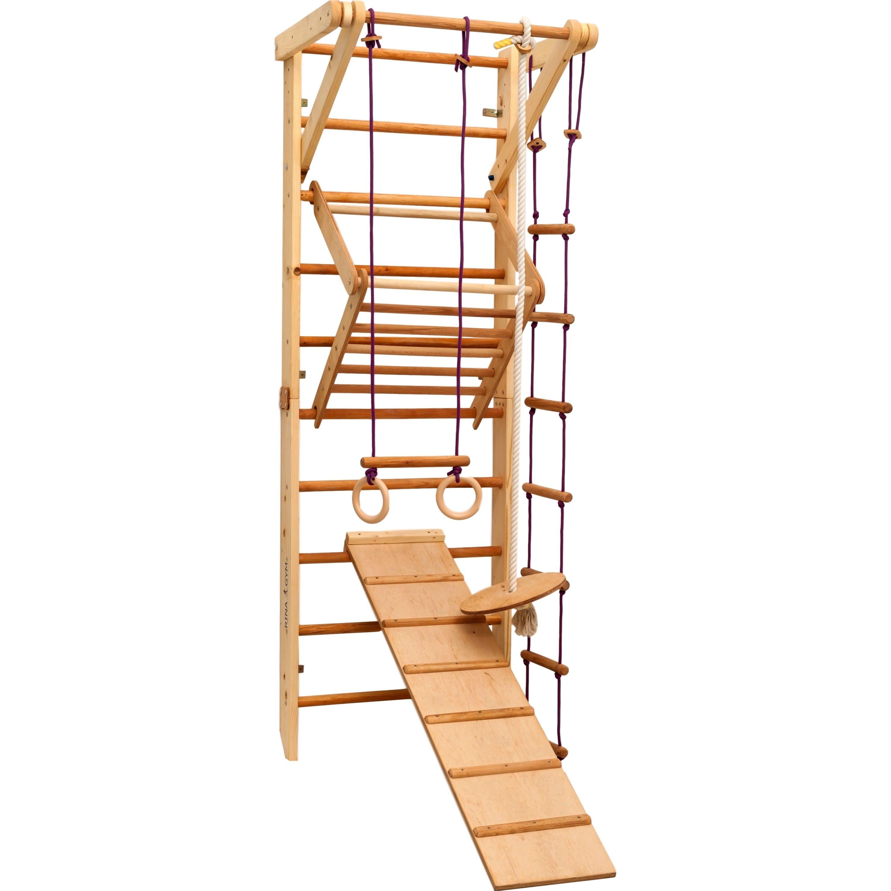 Kletterwand für Kinder-Indoor Klettergerüst aus Holz-Wand-Reck, Stange, Gymnastik-Ringe, Kletterseil, Abnehmbarer Balken, schwedische Leiter, Rutsche - RINAGYM GmbH
