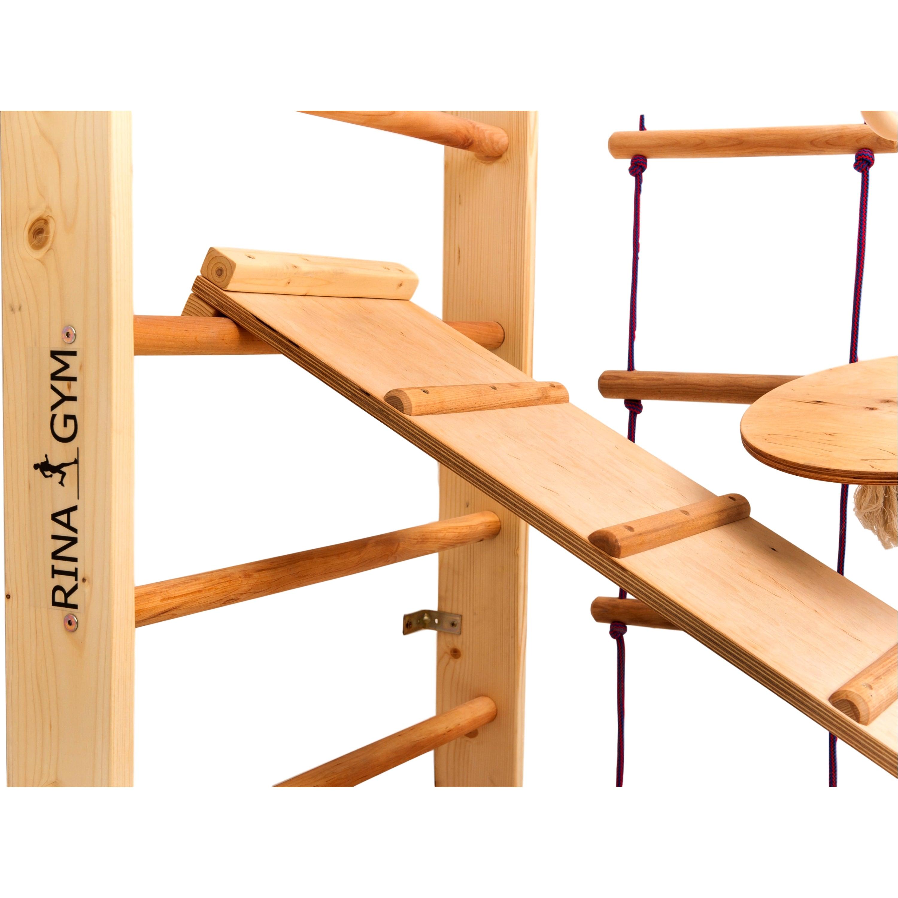 Kletterwand für Kinder-Indoor Klettergerüst aus Holz-Wand-Reck, Stange, Gymnastik-Ringe, Kletterseil, Abnehmbarer Balken, schwedische Leiter, Rutsche - RINAGYM GmbH