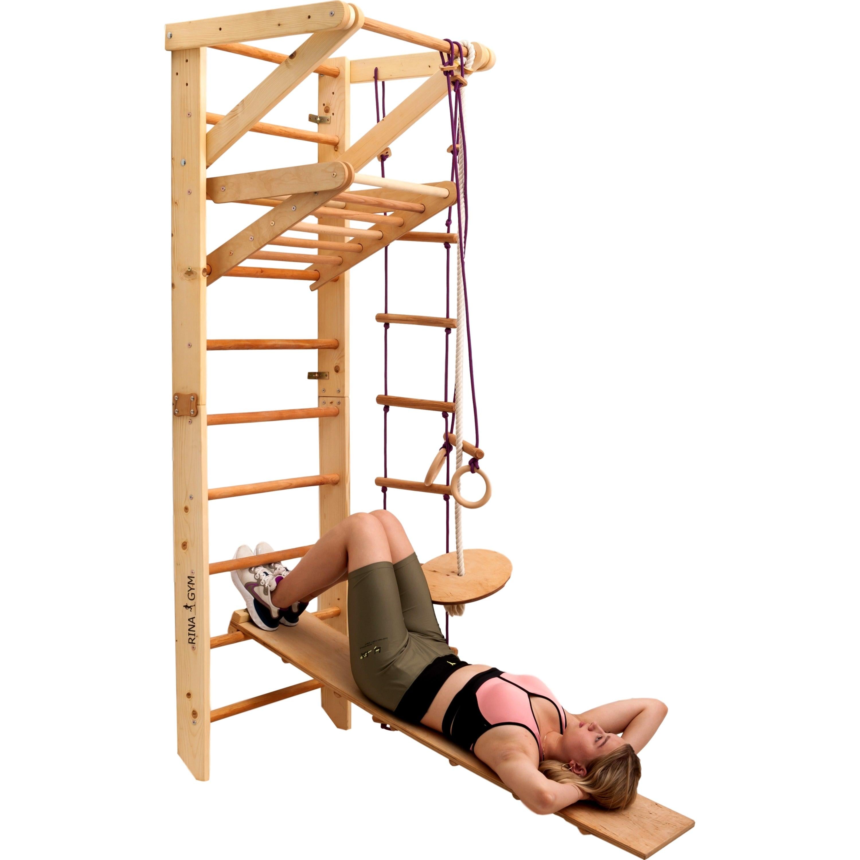 Kletterwand für Kinder-Indoor Klettergerüst aus Holz-Wand-Reck, Stange, Gymnastik-Ringe, Kletterseil, Abnehmbarer Balken, schwedische Leiter, Rutsche - RINAGYM GmbH