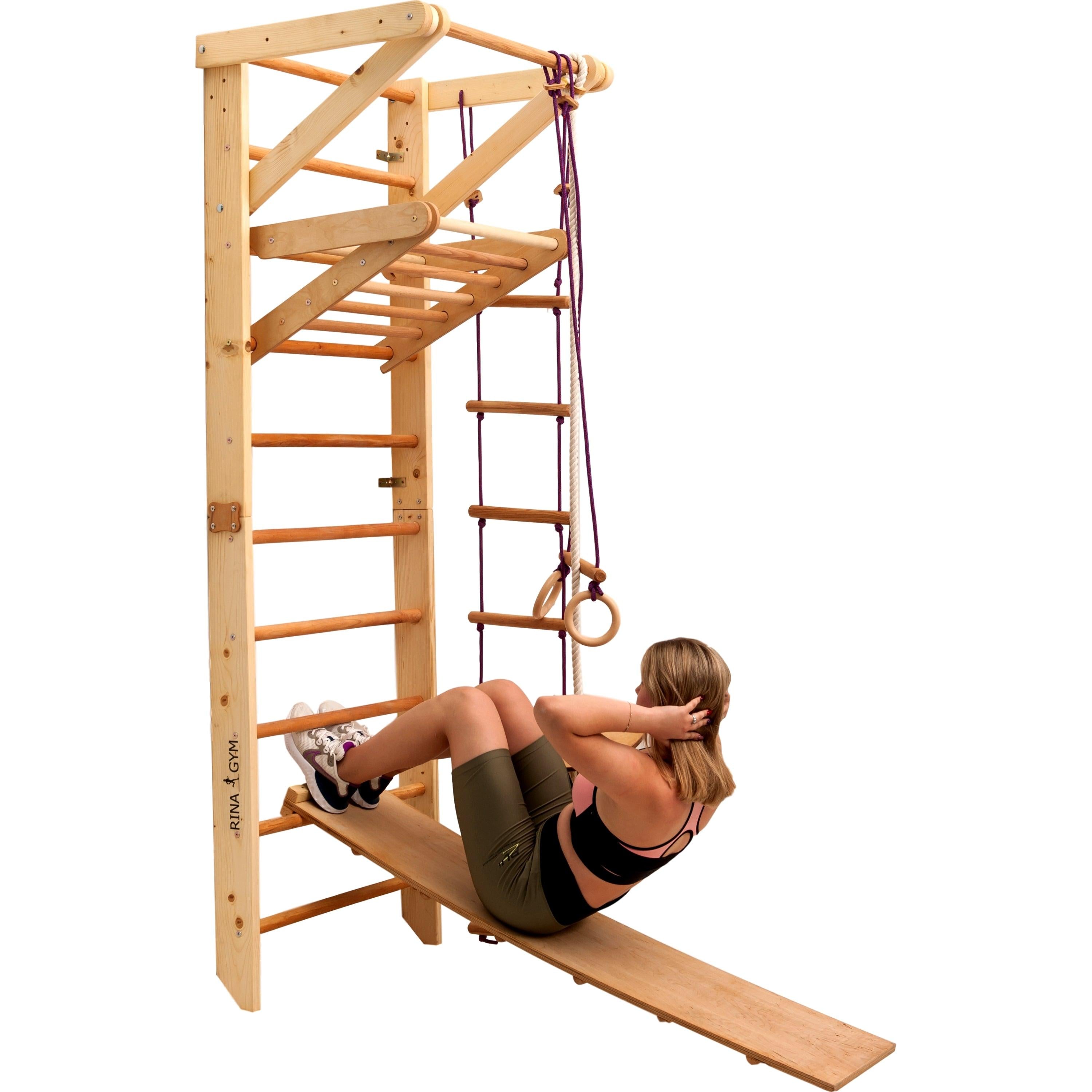 Kletterwand für Kinder-Indoor Klettergerüst aus Holz-Wand-Reck, Stange, Gymnastik-Ringe, Kletterseil, Abnehmbarer Balken, schwedische Leiter, Rutsche - RINAGYM GmbH