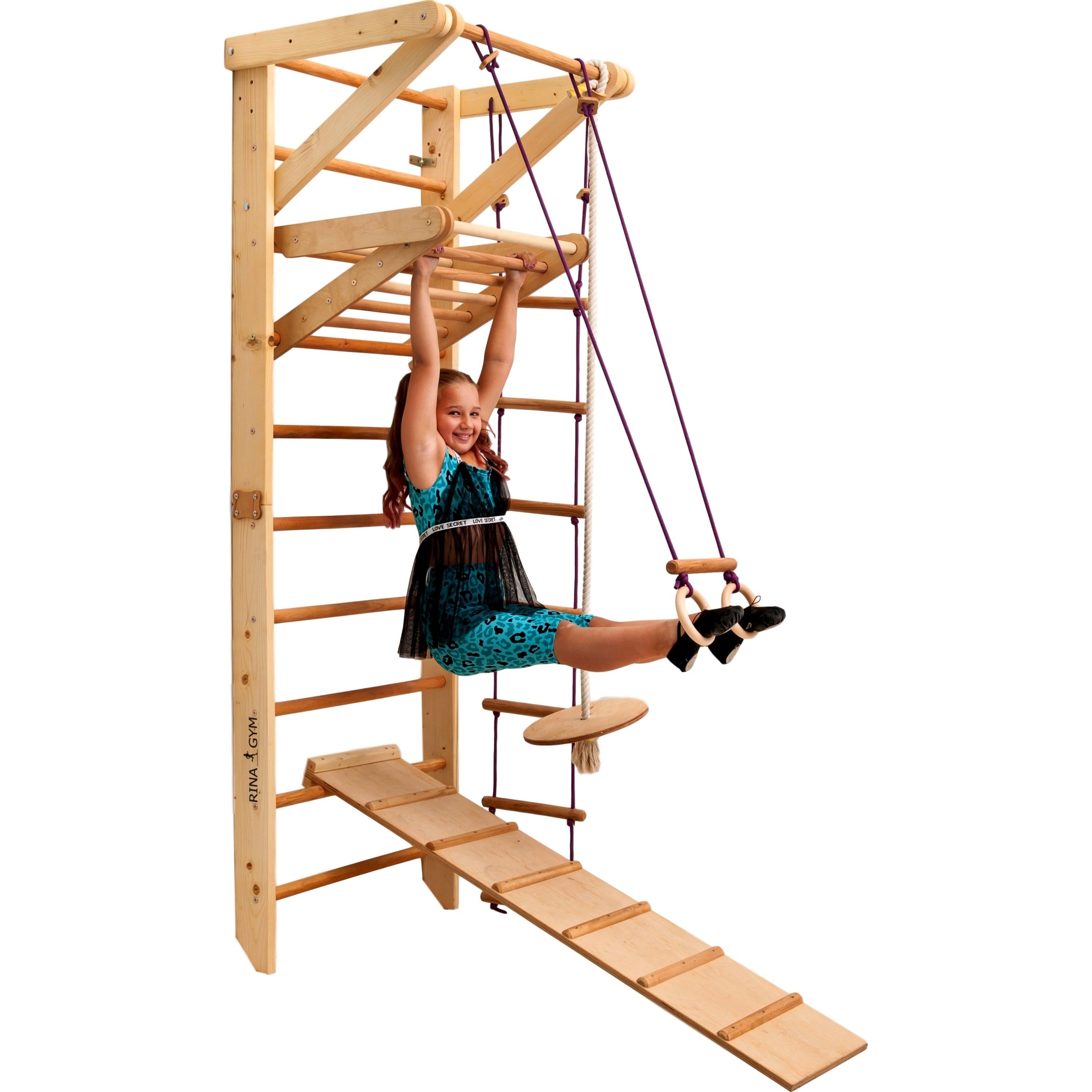 Kletterwand für Kinder-Indoor Klettergerüst aus Holz-Wand-Reck, Stange, Gymnastik-Ringe, Kletterseil, Abnehmbarer Balken, schwedische Leiter, Rutsche - RINAGYM GmbH
