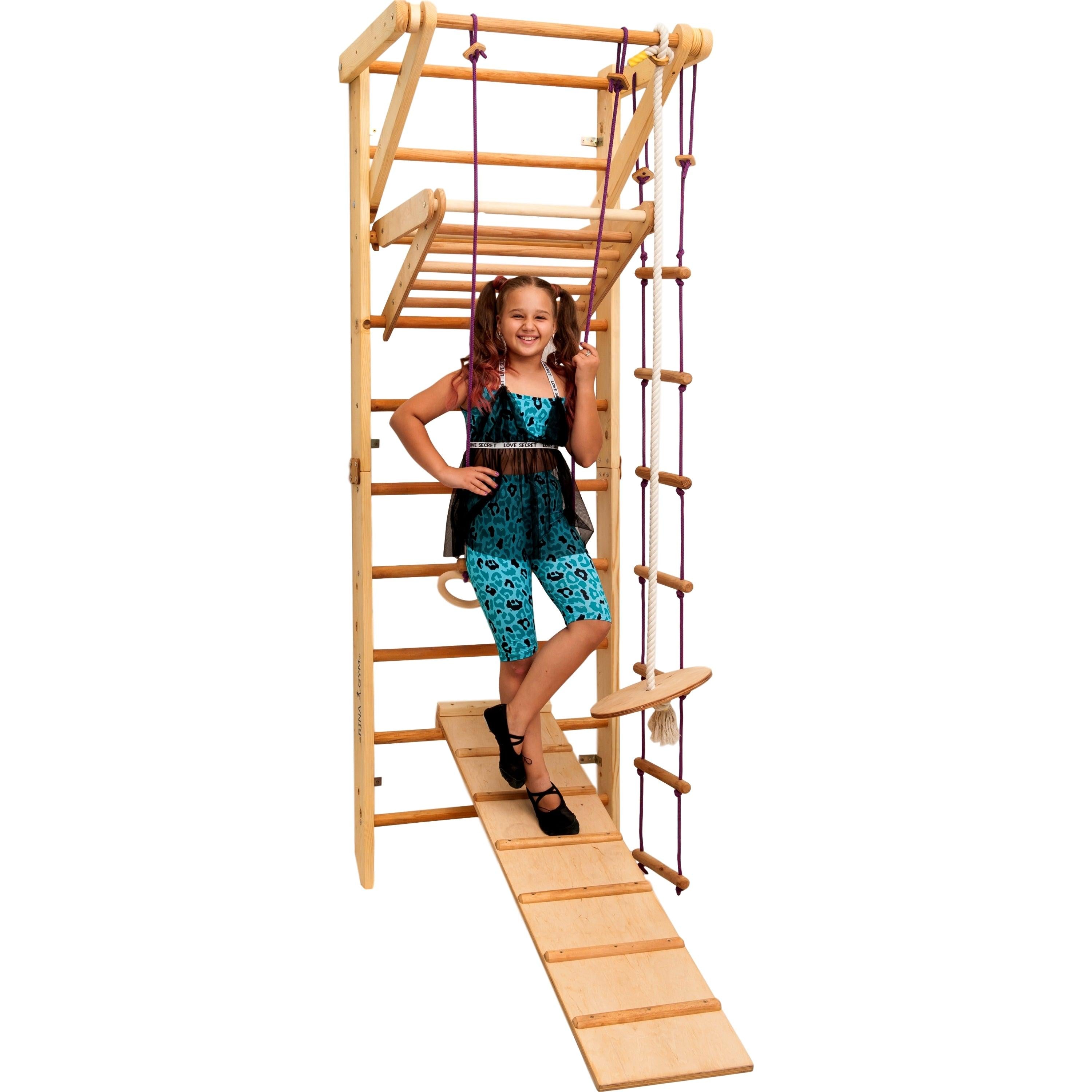 Kletterwand für Kinder-Indoor Klettergerüst aus Holz-Wand-Reck, Stange, Gymnastik-Ringe, Kletterseil, Abnehmbarer Balken, schwedische Leiter, Rutsche - RINAGYM GmbH