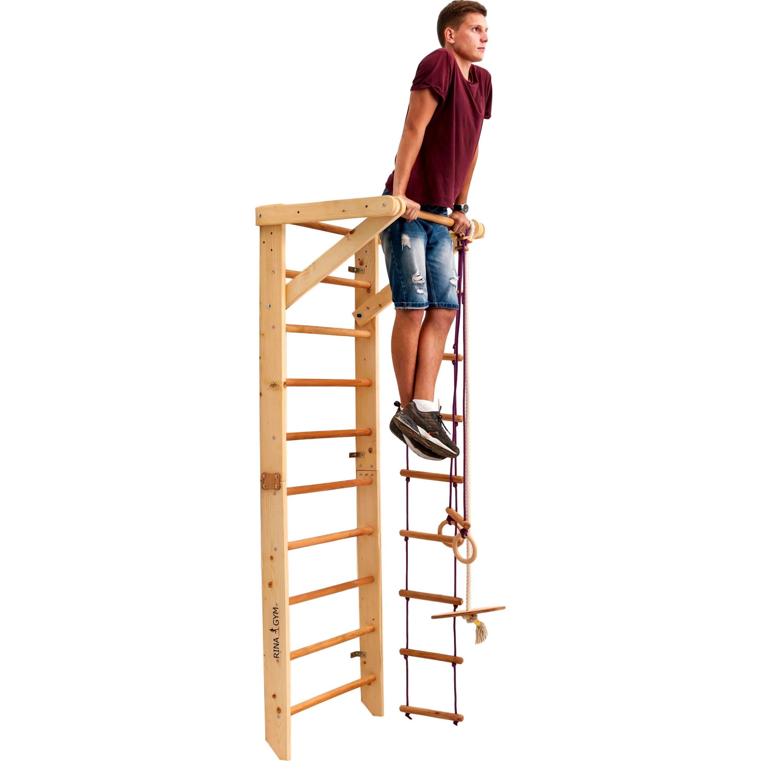 Kletterwand für Kinder-Indoor Klettergerüst aus Holz-Wand-Reck, Stange, Gymnastik-Ringe, Kletterseil, Abnehmbarer Balken, schwedische Leiter, Rutsche - RINAGYM GmbH