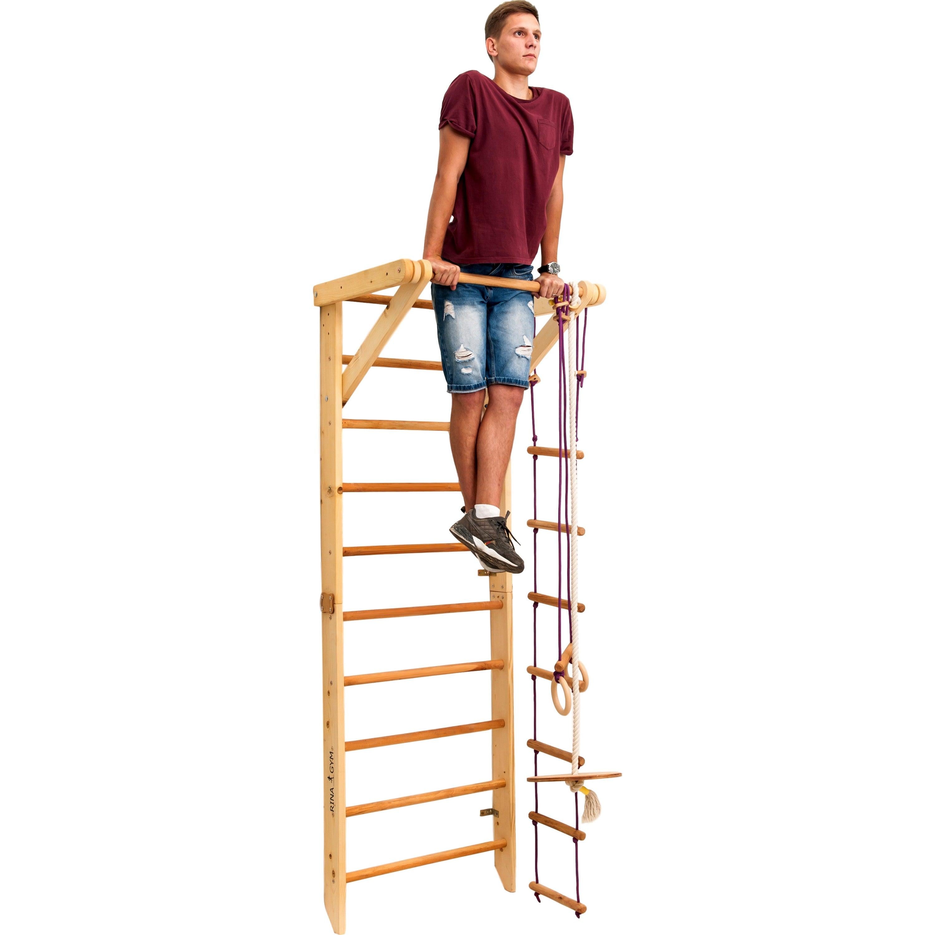 Kletterwand für Kinder-Indoor Klettergerüst aus Holz-Wand-Reck, Stange, Gymnastik-Ringe, Kletterseil, Abnehmbarer Balken, schwedische Leiter, Rutsche - RINAGYM GmbH