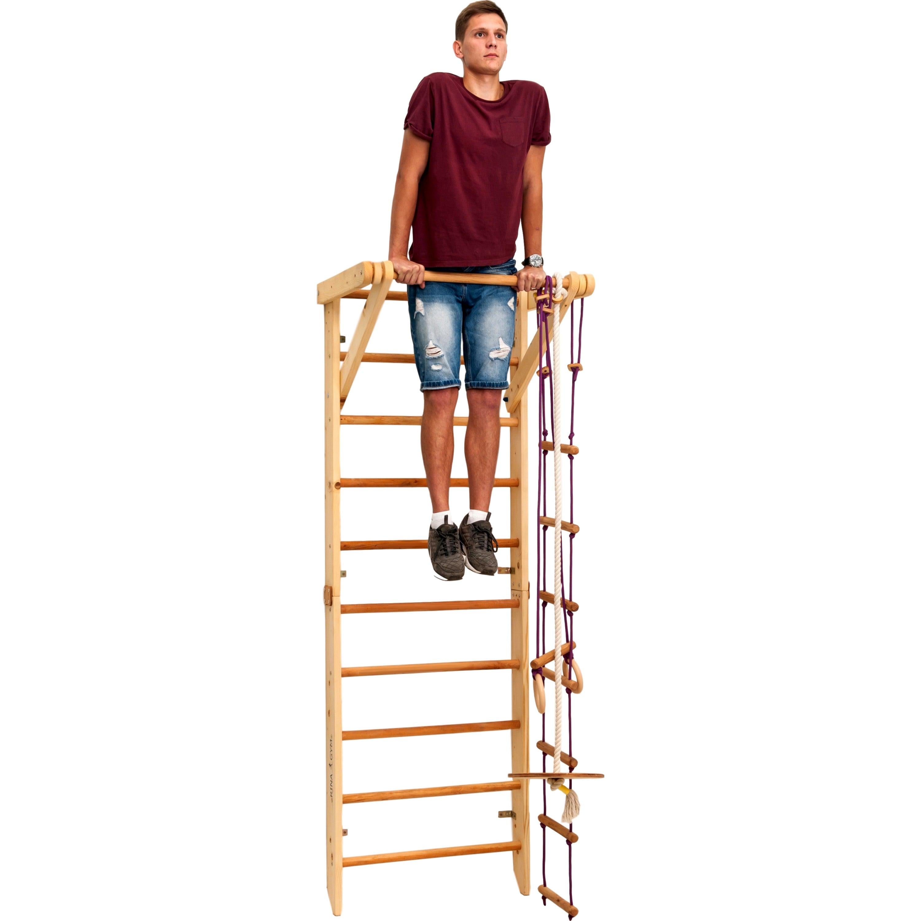 Kletterwand für Kinder - Indoor Klettergerüst aus Holz - Wand-Reck, Stange, Gymnastik-Ringe, Kletterseil, schwedische Leiter, Schaukel, Montagesatz. - RINAGYM GmbH