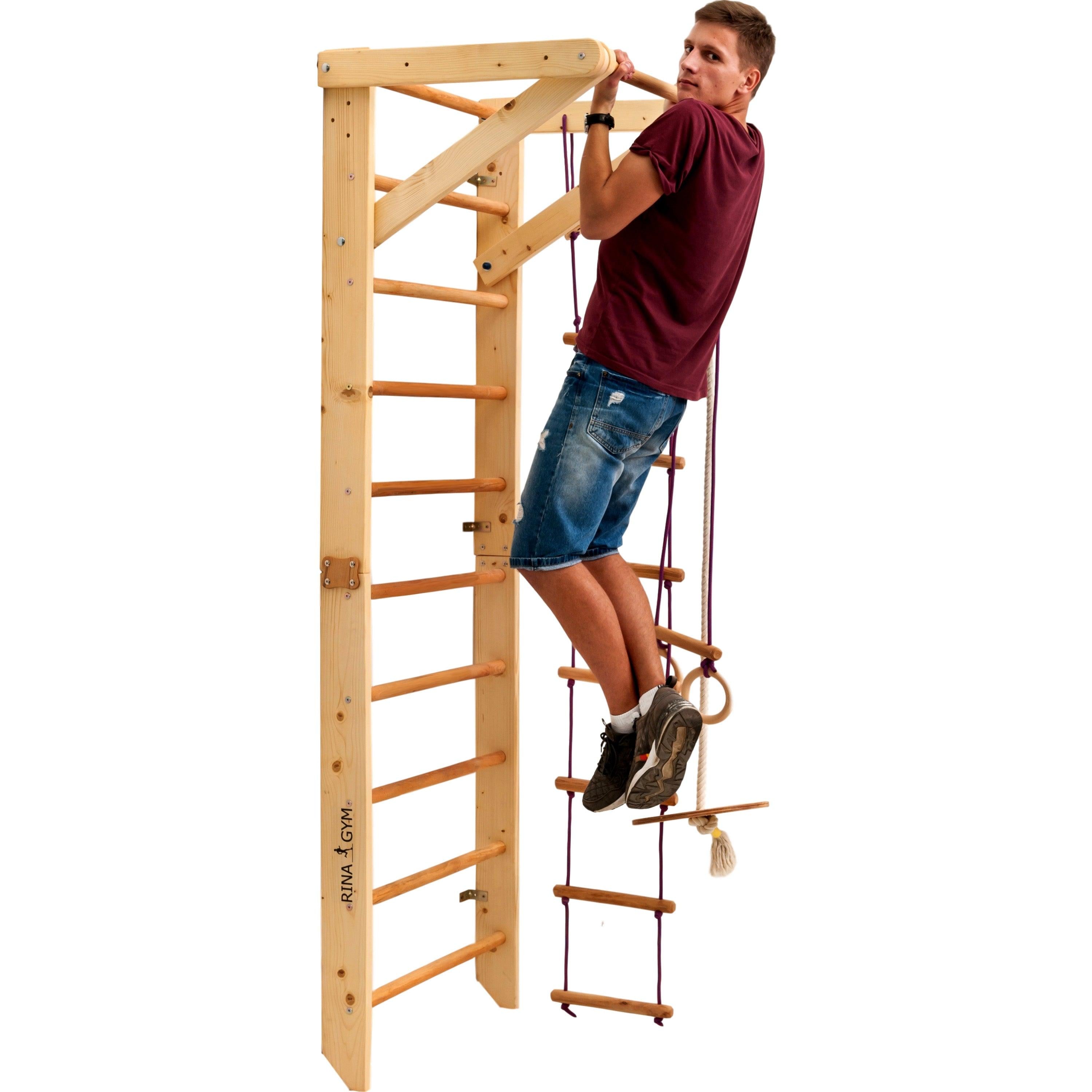Kletterwand für Kinder-Indoor Klettergerüst aus Holz-Wand-Reck, Stange, Gymnastik-Ringe, Kletterseil, Abnehmbarer Balken, schwedische Leiter, Rutsche - RINAGYM GmbH