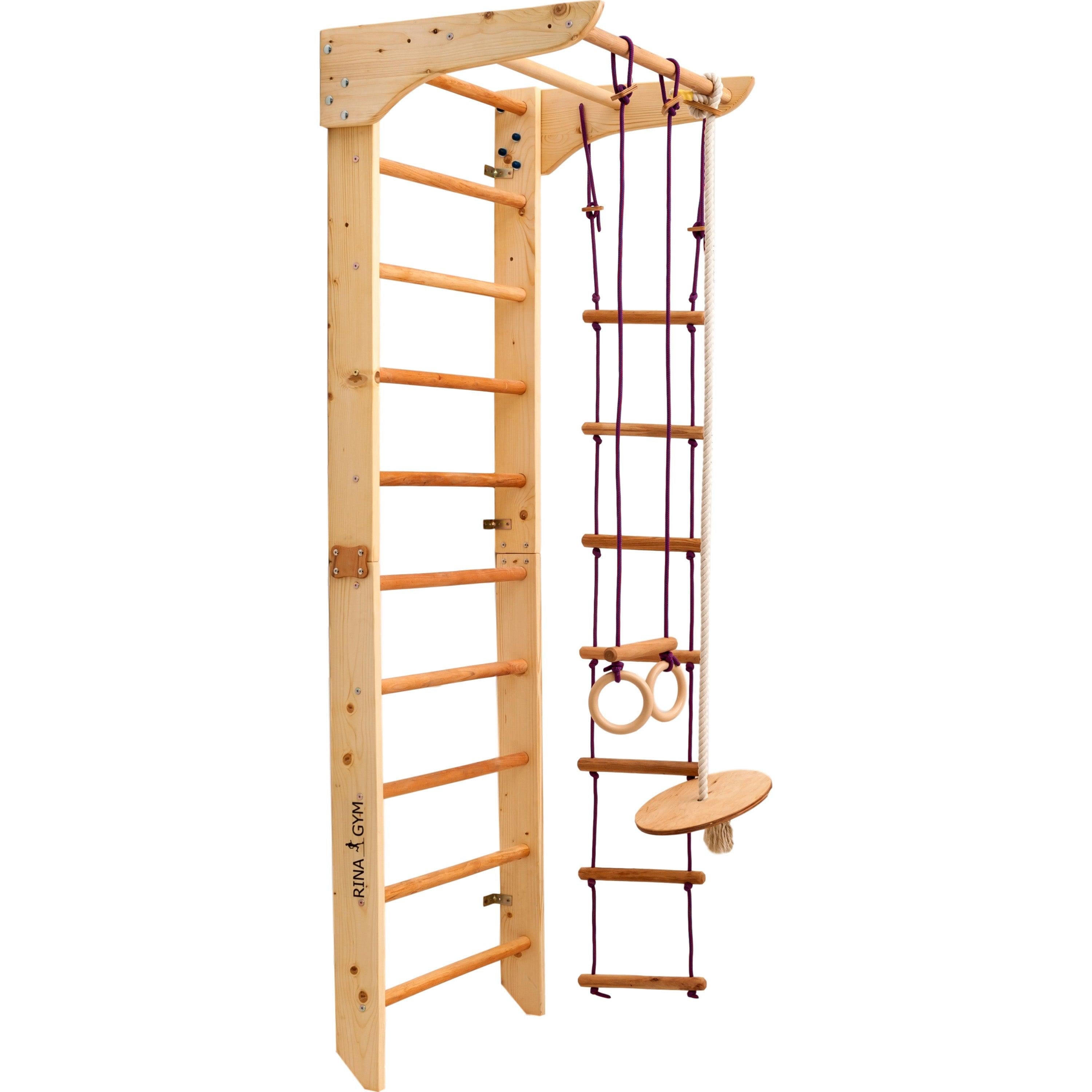 Kletterwand für Kinder - Indoor Klettergerüst aus Holz - Wand-Reck, Stange, Gymnastik-Ringe, Kletterseil, schwedische Leiter, Schaukel, Montagesatz. - RINAGYM GmbH