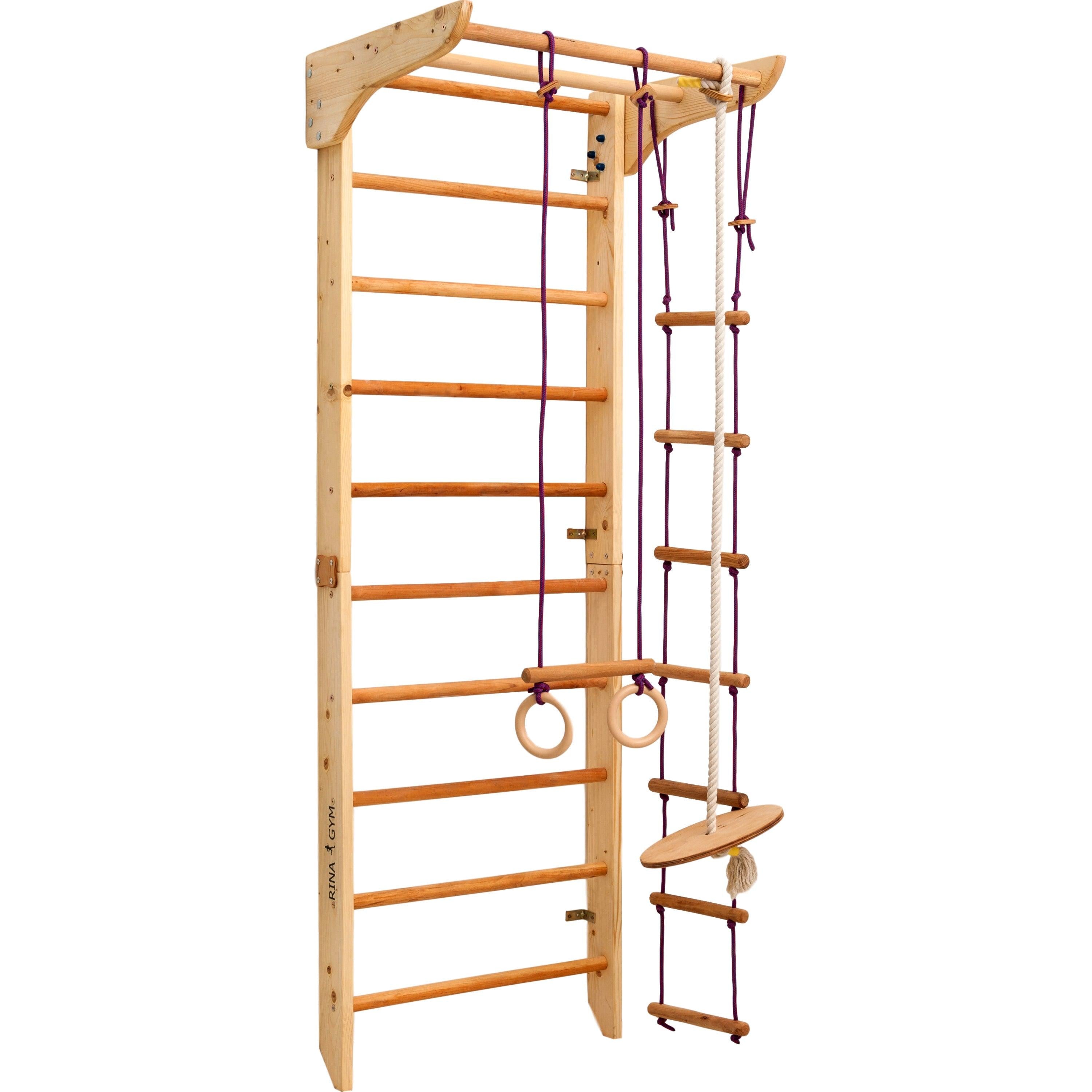 Kletterwand für Kinder - Indoor Klettergerüst aus Holz - Wand-Reck, Stange, Gymnastik-Ringe, Kletterseil, schwedische Leiter, Schaukel, Montagesatz. - RINAGYM GmbH