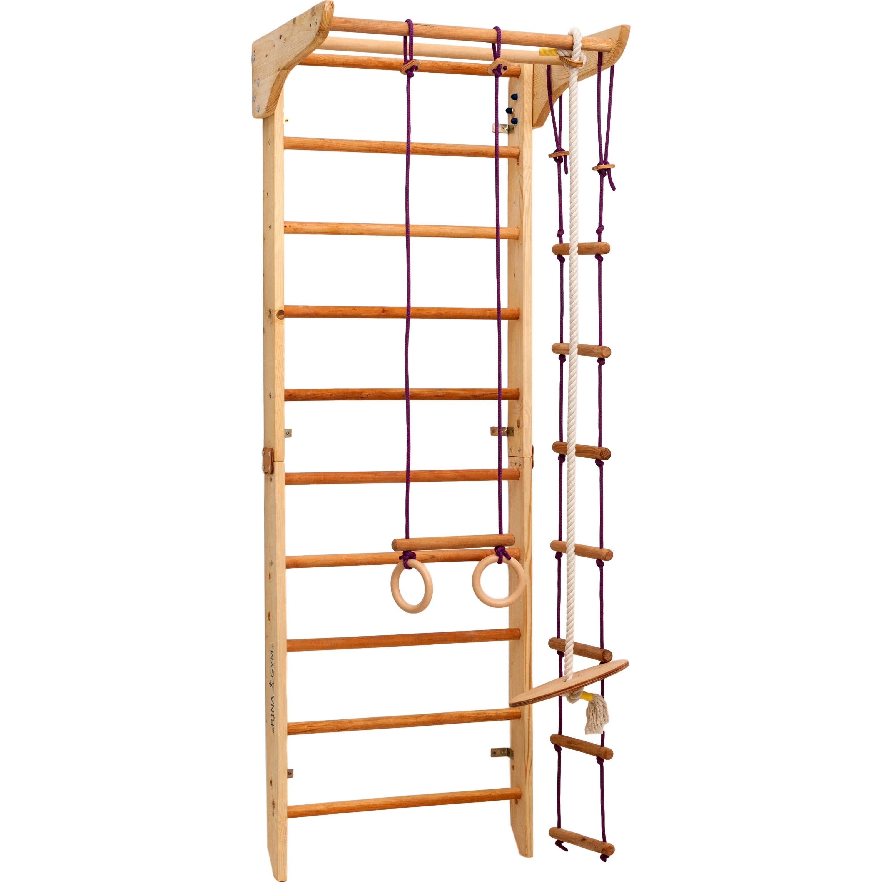Kletterwand für Kinder - Indoor Klettergerüst aus Holz - Wand-Reck, Stange, Gymnastik-Ringe, Kletterseil, schwedische Leiter, Schaukel, Montagesatz. - RINAGYM GmbH