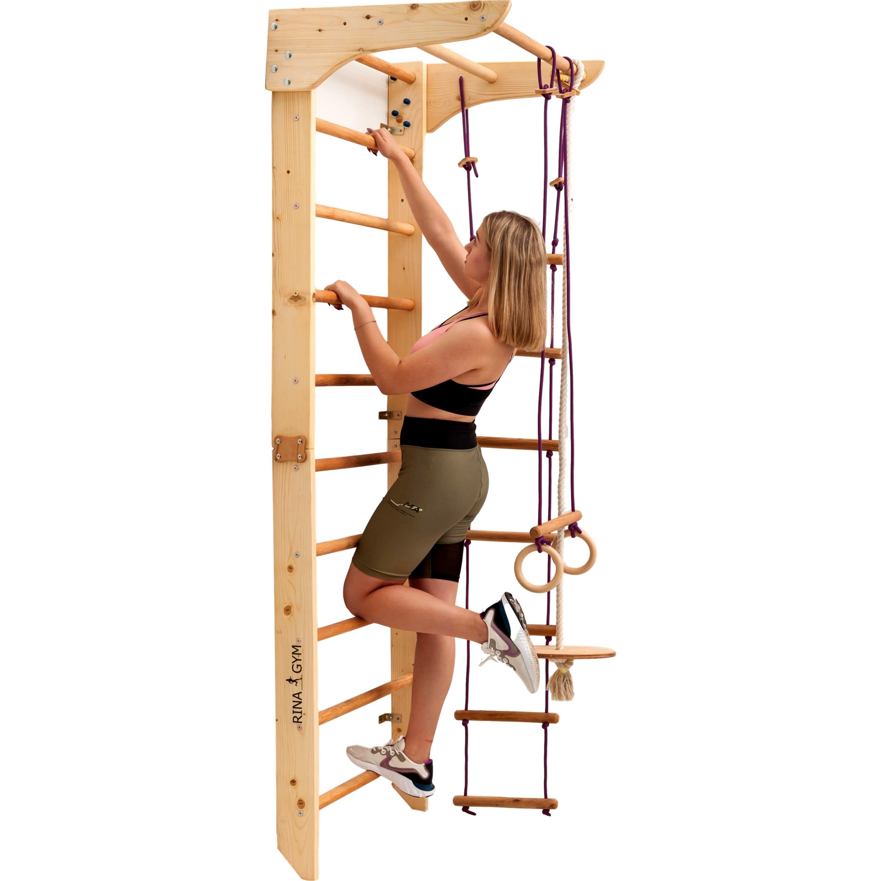 Kletterwand für Kinder - Indoor Klettergerüst aus Holz - Wand-Reck, Stange, Gymnastik-Ringe, Kletterseil, schwedische Leiter, Schaukel, Montagesatz. - RINAGYM GmbH