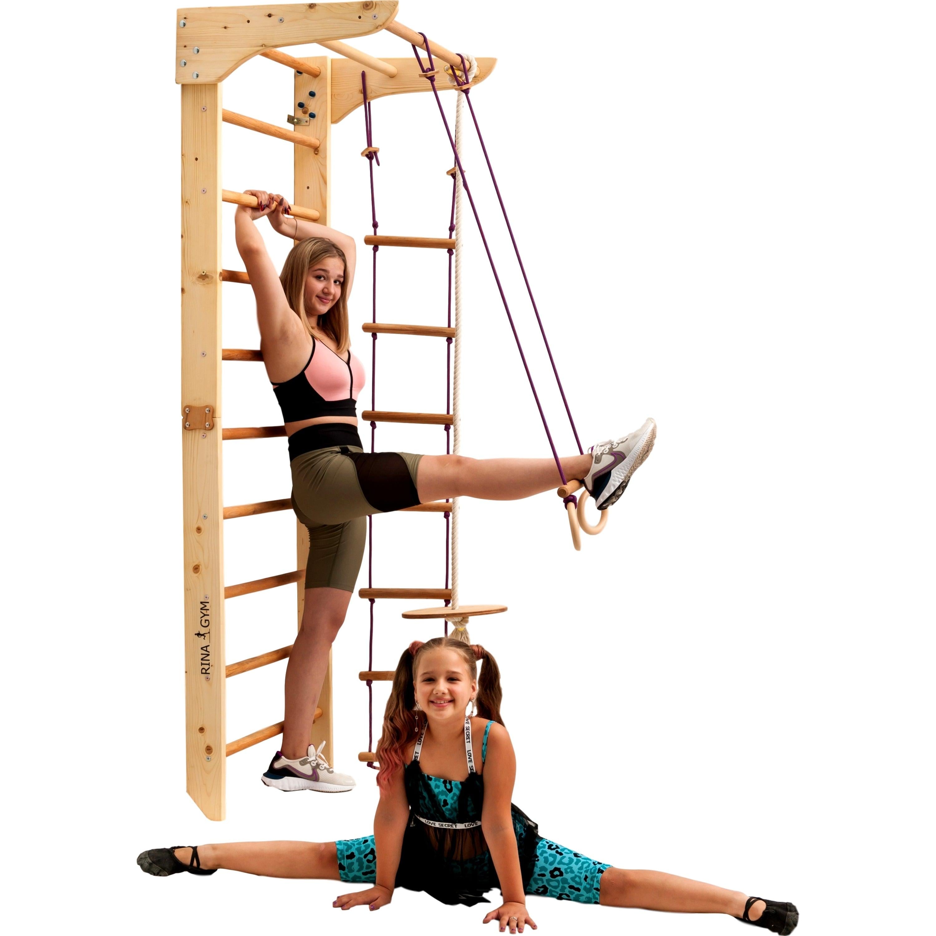 Kletterwand für Kinder - Indoor Klettergerüst aus Holz - Wand-Reck, Stange, Gymnastik-Ringe, Kletterseil, schwedische Leiter, Schaukel, Montagesatz. - RINAGYM GmbH