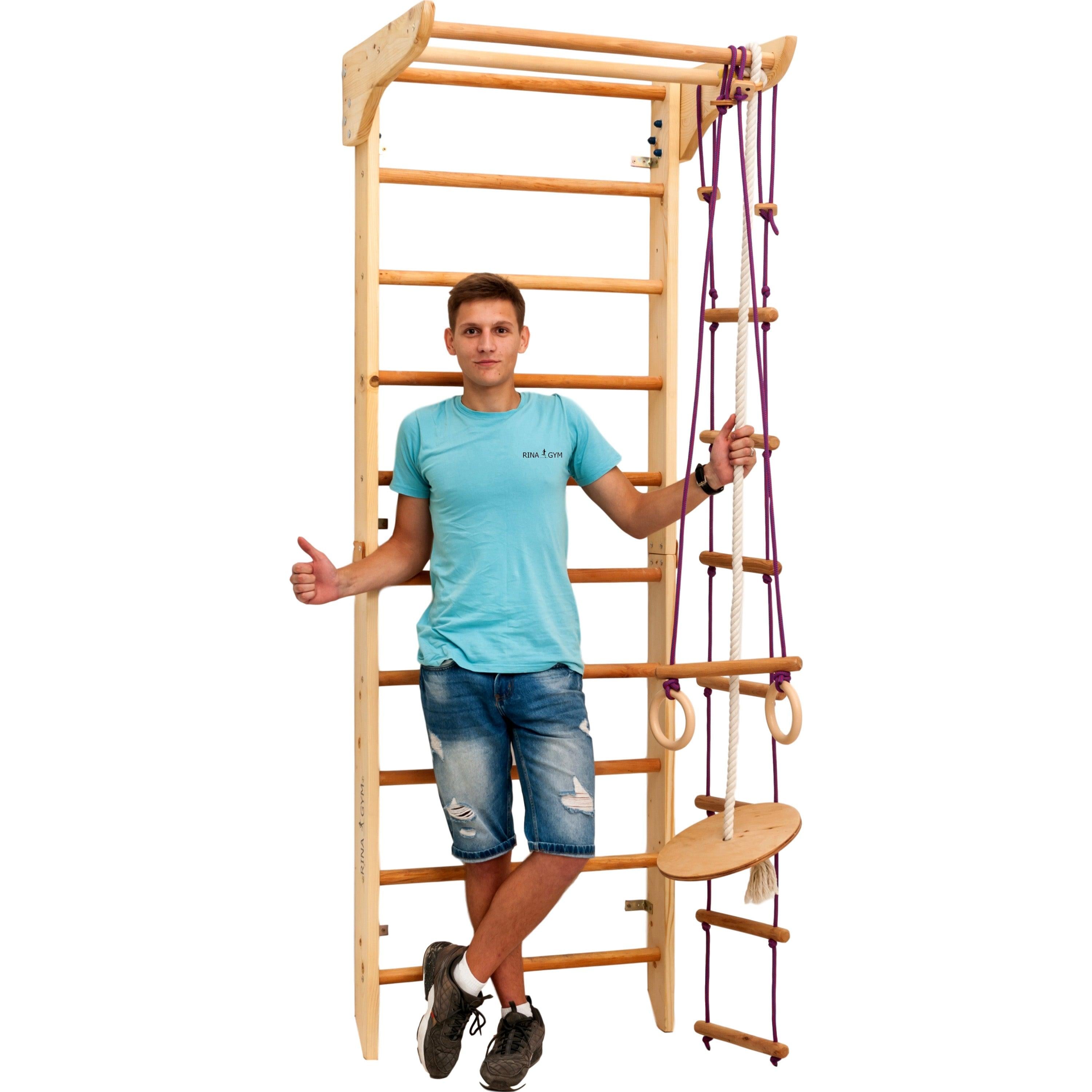 Kletterwand für Kinder - Indoor Klettergerüst aus Holz - Wand-Reck, Stange, Gymnastik-Ringe, Kletterseil, schwedische Leiter, Schaukel, Montagesatz. - RINAGYM GmbH