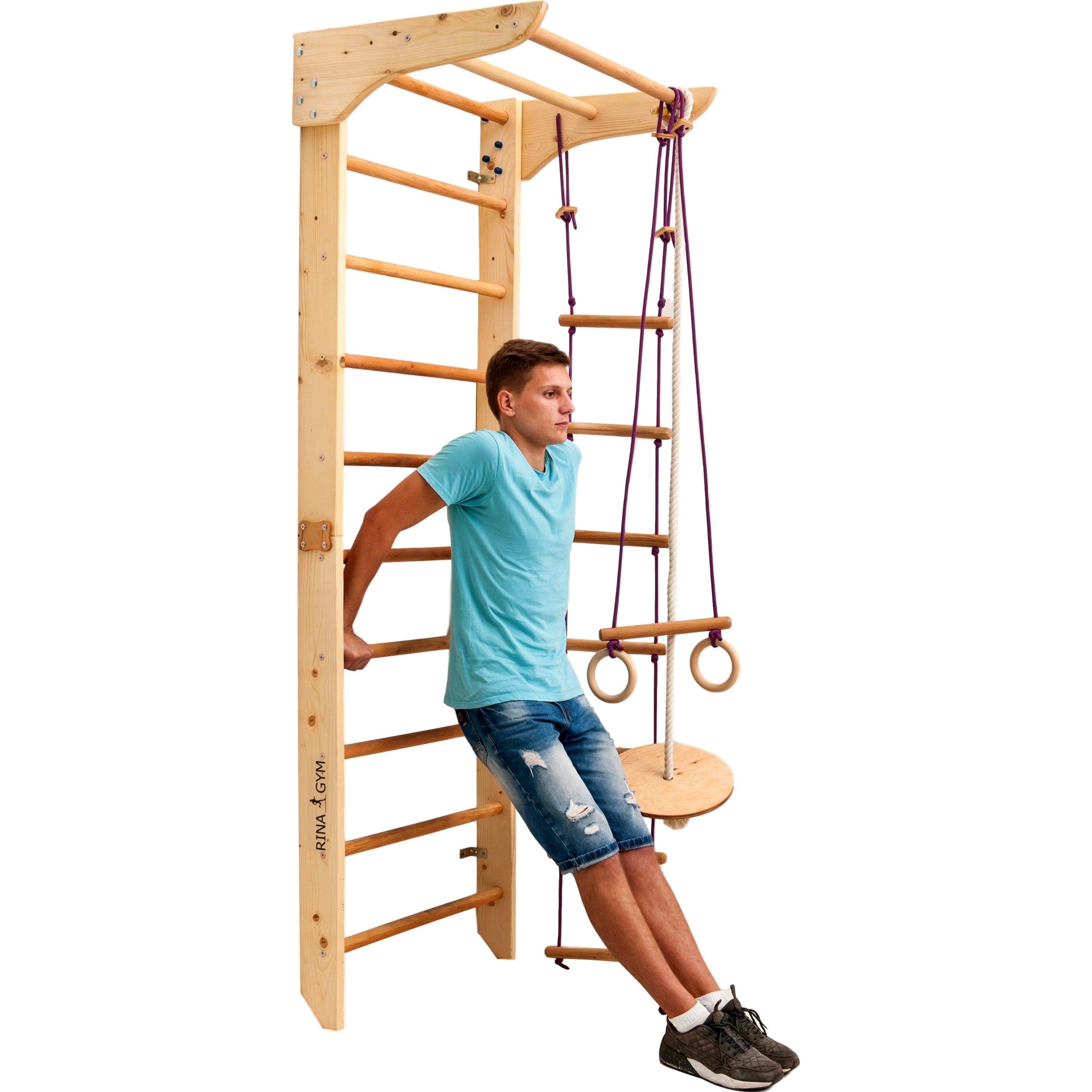 Kletterwand für Kinder - Indoor Klettergerüst aus Holz - Wand-Reck, Stange, Gymnastik-Ringe, Kletterseil, schwedische Leiter, Schaukel, Montagesatz. - RINAGYM GmbH