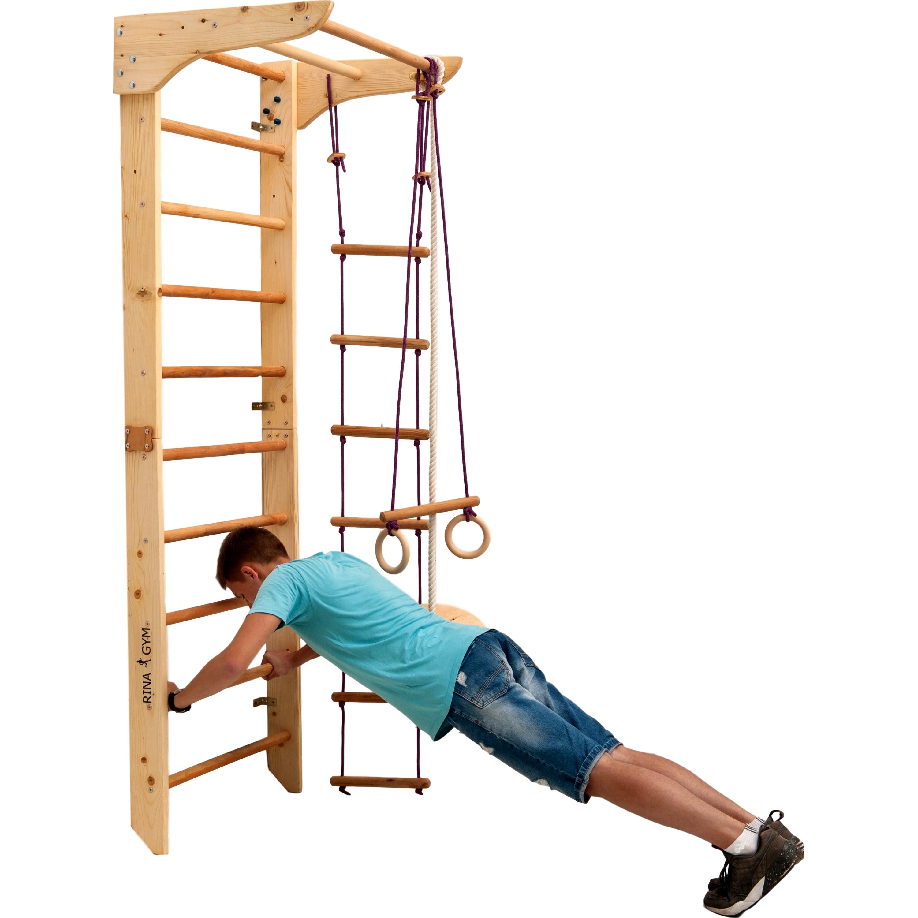 Kletterwand für Kinder - Indoor Klettergerüst aus Holz - Wand-Reck, Stange, Gymnastik-Ringe, Kletterseil, schwedische Leiter, Schaukel, Montagesatz. - RINAGYM GmbH