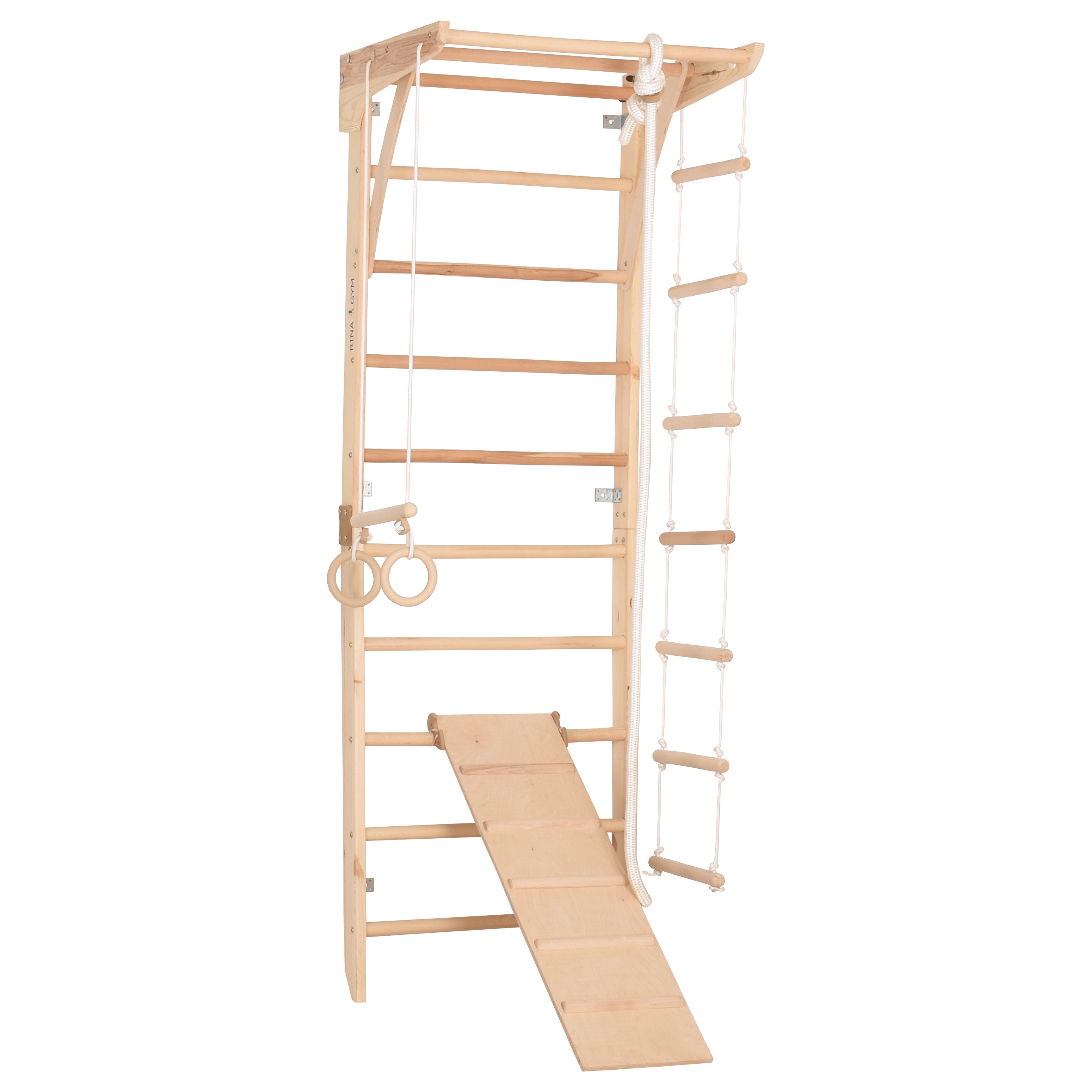 Kletterwand für Kinder und Erwachsene – Klettergerüst Indoor aus Holz mit Wand-Reck, Stange, Gymnastikringen, Kletterseil, schwedischer Leiter,  höhenverstellbarer Klimmzugstange & beidseitiger Kletterrampe – Kinder 3 mit kindersicherem Lack