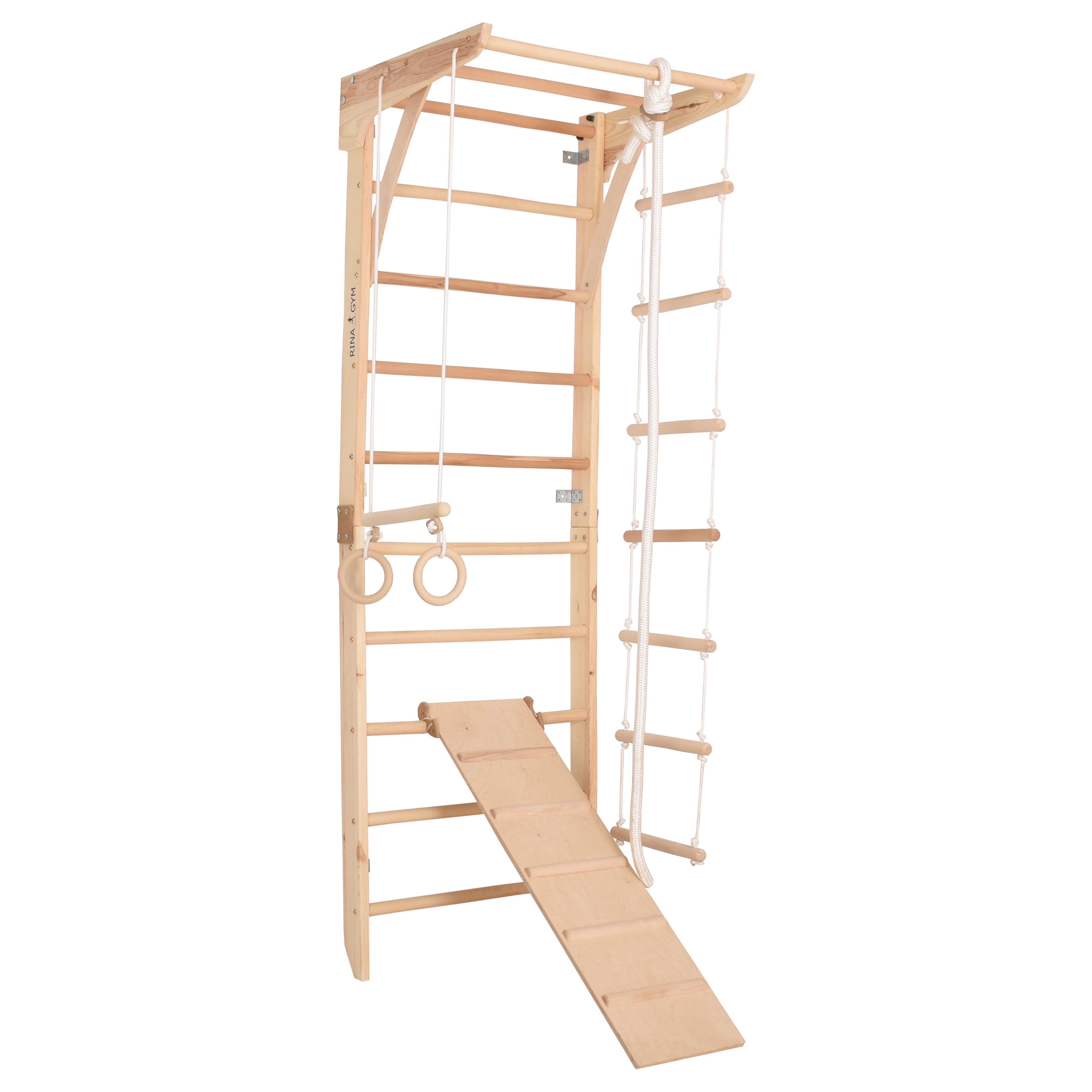 Kletterwand für Kinder und Erwachsene – Klettergerüst Indoor aus Holz mit Wand-Reck, Stange, Gymnastikringen, Kletterseil, schwedischer Leiter,  höhenverstellbarer Klimmzugstange & beidseitiger Kletterrampe – Kinder 3 mit kindersicherem Lack