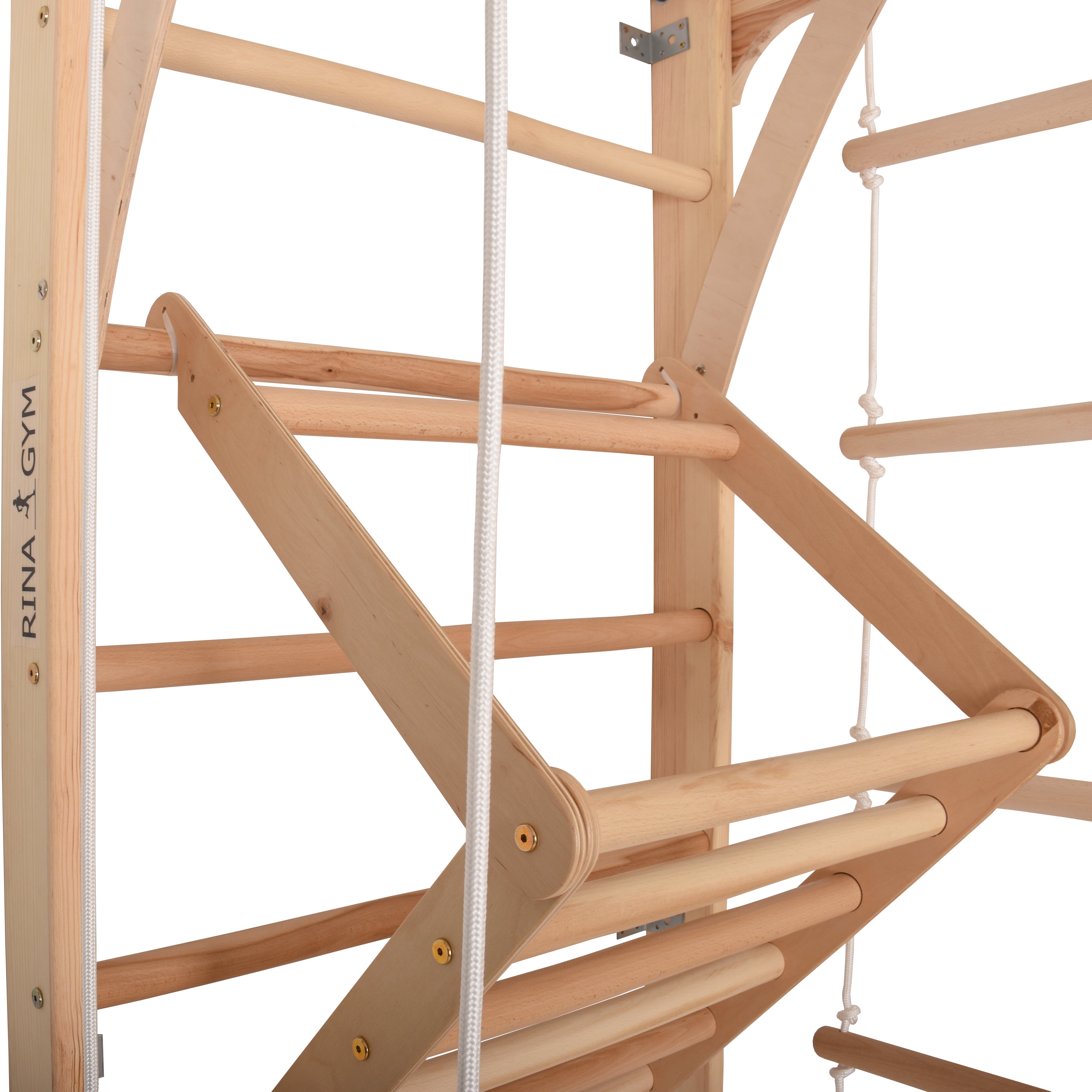 Kletterwand für Kinder und Erwachsene – Klettergerüst Indoor aus Holz mit Wand-Reck, Stange, Gymnastikringen, Kletterseil, schwedischer Leiter,  höhenverstellbarer Klimmzugstange & beidseitiger Kletterrampe – Kinder 3 mit kindersicherem Lack