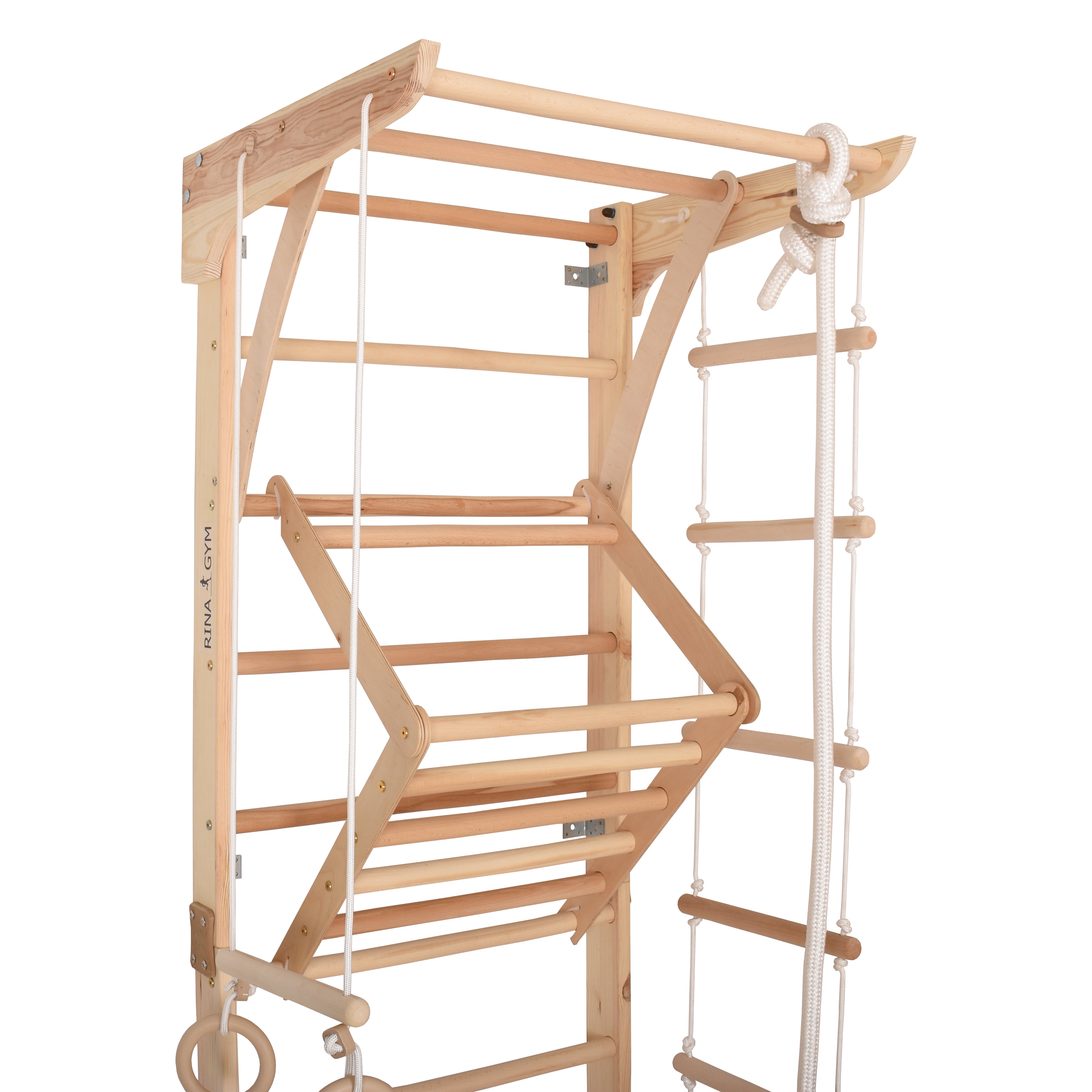Kletterwand für Kinder und Erwachsene – Klettergerüst Indoor aus Holz mit Wand-Reck, Stange, Gymnastikringen, Kletterseil, schwedischer Leiter,  höhenverstellbarer Klimmzugstange & beidseitiger Kletterrampe – Kinder 3 mit kindersicherem Lack