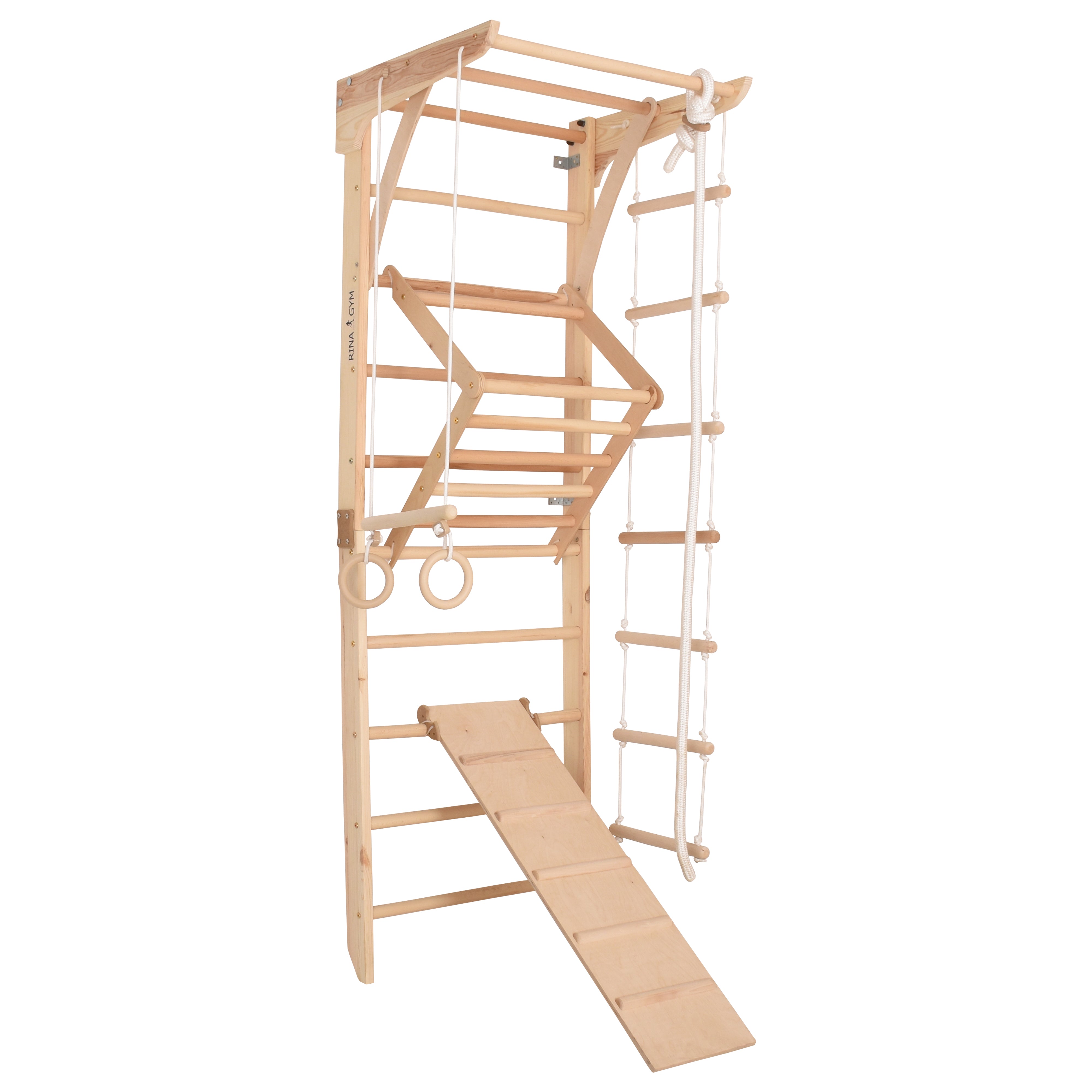 Kletterwand für Kinder und Erwachsene – Klettergerüst Indoor aus Holz mit Wand-Reck, Stange, Gymnastikringen, Kletterseil, schwedischer Leiter,  höhenverstellbarer Klimmzugstange & beidseitiger Kletterrampe – Kinder 3 mit kindersicherem Lack